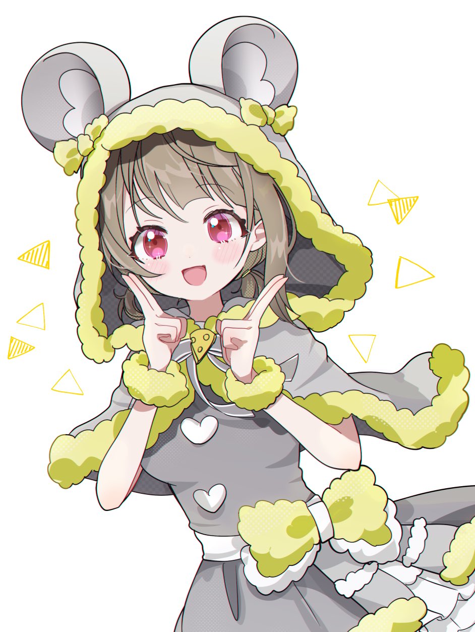 299 (horisso), nakasu kasumi, love live!, love live! nijigasaki high school idol club, commentary request, highres, 1girl, :d, animal hood, asymmetrical sidelocks, breasts, brown hair, capelet, chinese zodiac, frilled skirt, frills, fur-trimmed capelet, fur trim, grey capelet, grey shirt, grey skirt, hood, hooded capelet, looking at viewer, low side ponytail, medium breasts, miniskirt, mouse hood, official alternate costume, open mouth, pink eyes, shirt, sidelocks, simple background, skirt, smile, solo, white background, year of the rat