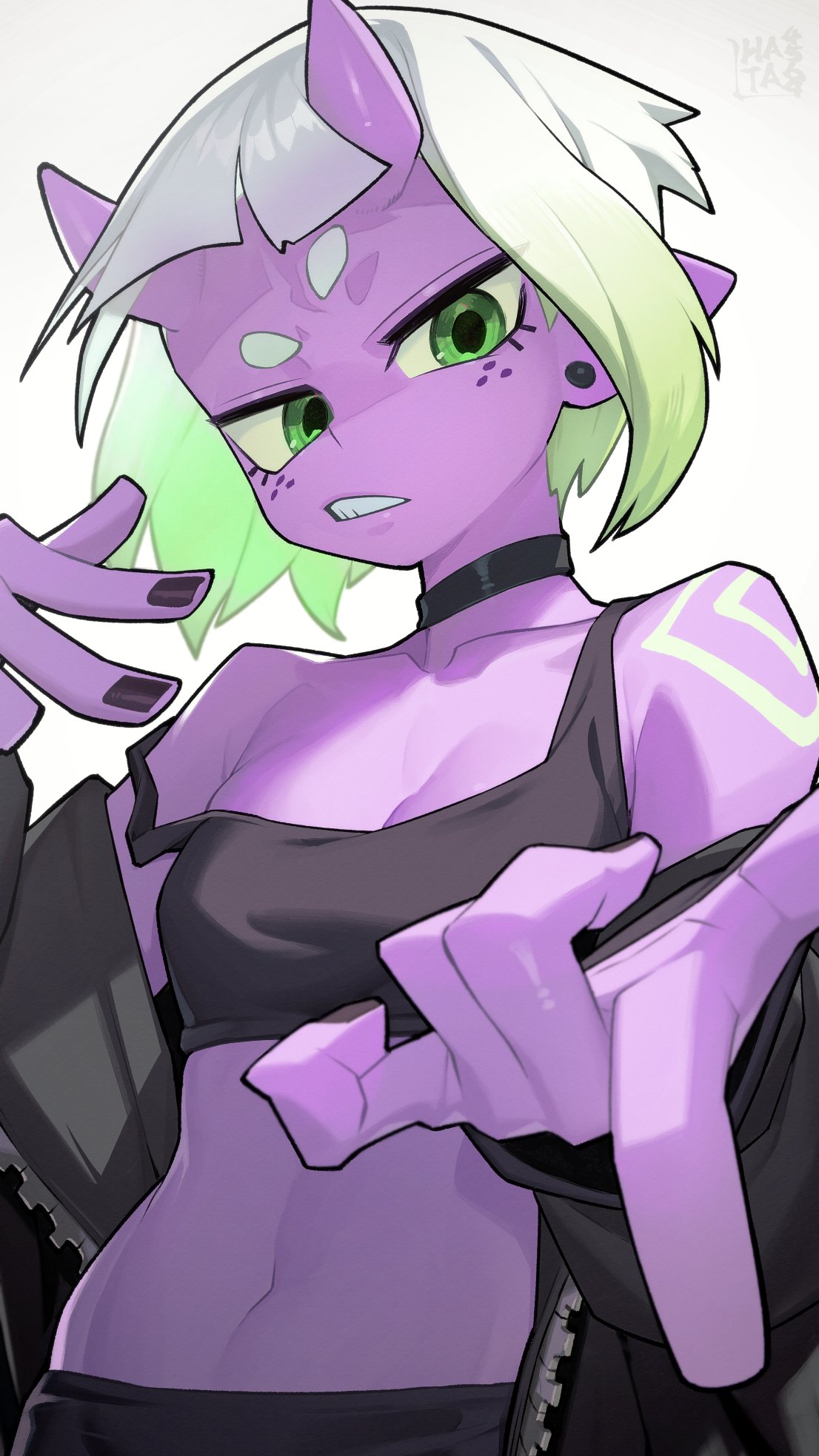 hata4564, original, highres, 1girl, black choker, black jacket, black nails, black tank top, borrowed character, breasts, choker, colored skin, crop top, earrings, foreshortening, freckles, gradient hair, green eyes, green hair, hikimayu, horns, jacket, jewelry, looking at viewer, midriff, multicolored hair, nail polish, off shoulder, open clothes, open jacket, parted lips, pointy ears, purple skin, short hair, simple background, single off shoulder, skin-covered horns, small breasts, solo, tank top, upper body, white background, white hair
