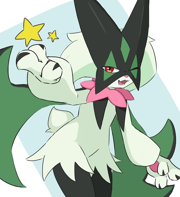 ylit shalmon2, meowscarada, nintendo, pokemon, green fur, looking at viewer, mask, one eye closed, open mouth, pokemon (creature), red eyes, solo, star (symbol)