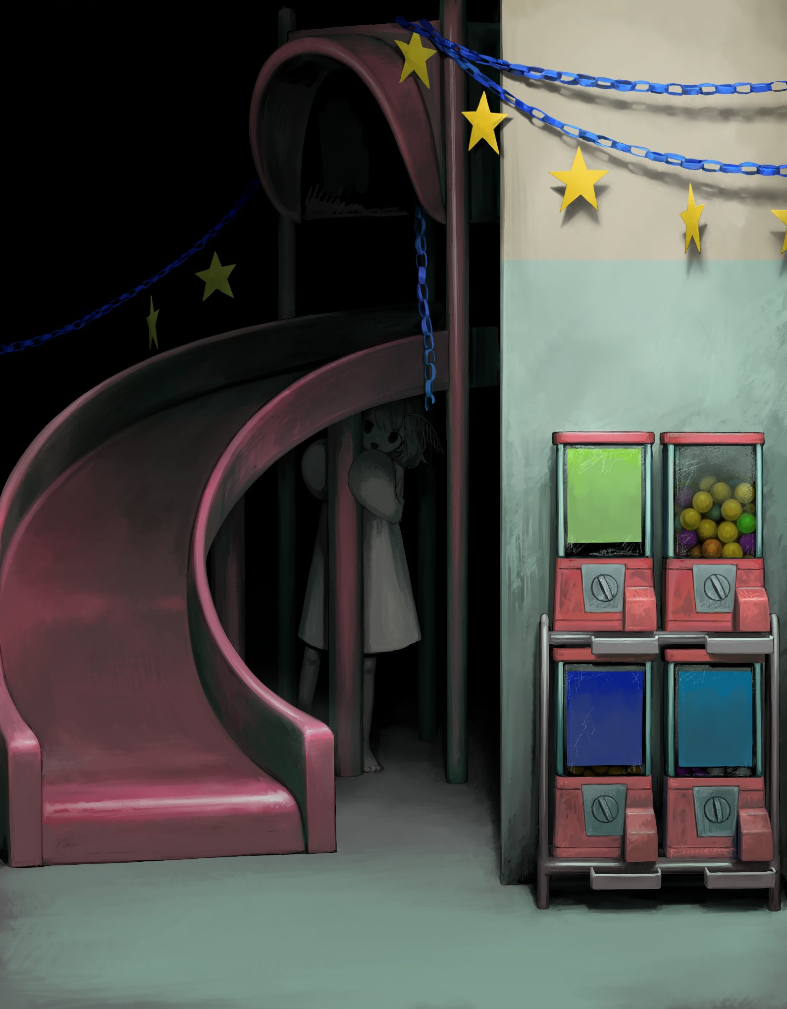 uni no, original, highres, 1girl, black eyes, dress, gashapon, indoors, looking at viewer, slide, solo, standing, white dress