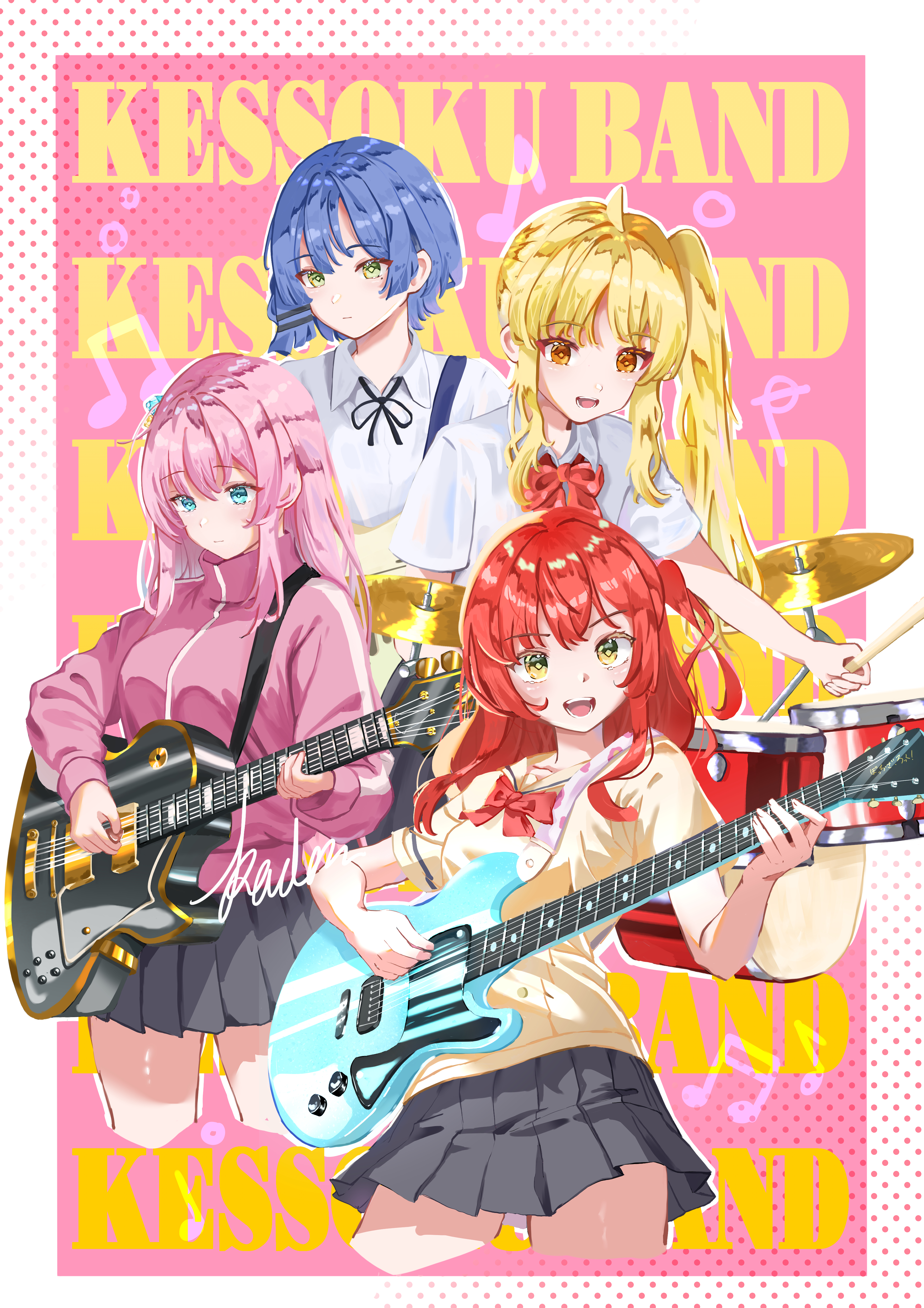 kaden jai, gotoh hitori, ijichi nijika, kita ikuyo, yamada ryo, bocchi the rock!, absurdres, commentary request, highres, 4girls, ahoge, black ribbon, black skirt, blonde hair, blue eyes, blue hair, border, bow, bowtie, closed mouth, collared shirt, cropped legs, diamond-shaped pupils, diamond (shape), dithered background, double-parted bangs, drum, drum set, electric guitar, gibson les paul, green eyes, guitar, hair ornament, hairclip, holding, holding guitar, holding instrument, holding plectrum, instrument, jacket, kessoku band, long hair, long sidelocks, long sleeves, miniskirt, multiple girls, music, neck ribbon, one side up, open mouth, orange eyes, outside border, parallel hairclips, pink background, pink hair, pink jacket, playing drum, playing guitar, playing instrument, pleated skirt, plectrum, polka dot, polka dot bow, polka dot bowtie, red bow, red bowtie, red hair, ribbon, school uniform, shimokitazawa high school uniform, shirt, short hair, short sleeves, shuka high school uniform, side ponytail, sidelocks, skirt, smile, straight hair, symbol-shaped pupils, text background, track jacket, white border, white shirt, wing collar, yellow eyes, yellow shirt