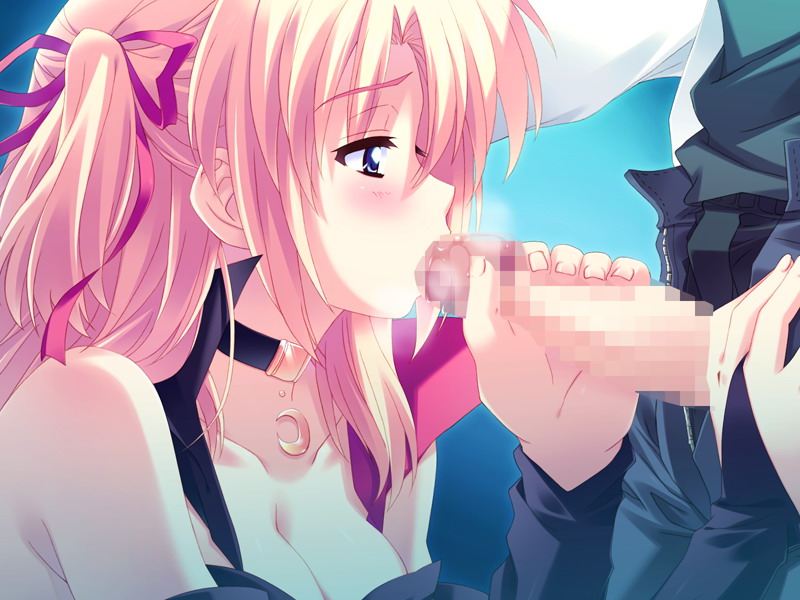 blonde hair, blue eyes, blush, breasts, censored, choker, cleavage, clothed sex, fellatio, hair ribbon, oral, penis, ribbon, saliva, steam, twintails