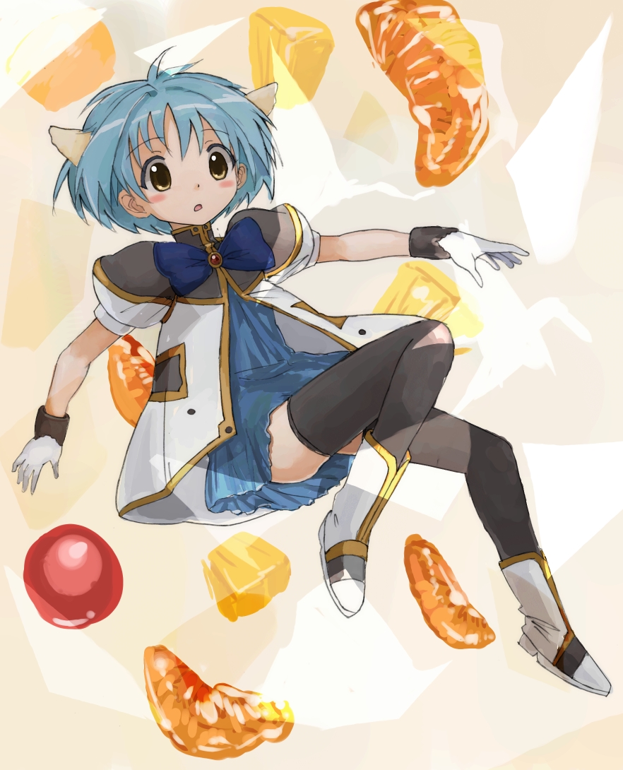nyama, mint blancmanche, galaxy angel, bad id, bad pixiv id, 00s, 1girl, blue skirt, female focus, food, fruit, skirt, solo, thighhighs, zettai ryouiki