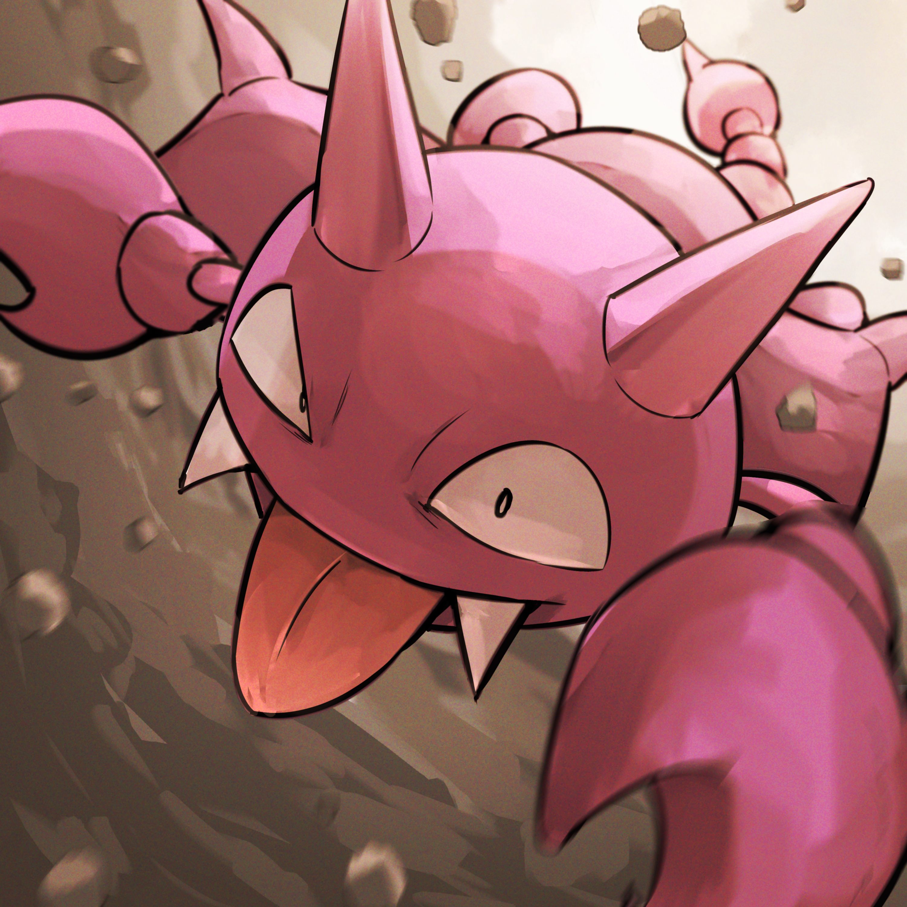 spicyichizo, gligar, nintendo, pokemon, absurdres, highres, colored skin, fangs, gen 2 pokemon, horns, no humans, pink skin, pokemon (creature), solo, tongue, tongue out
