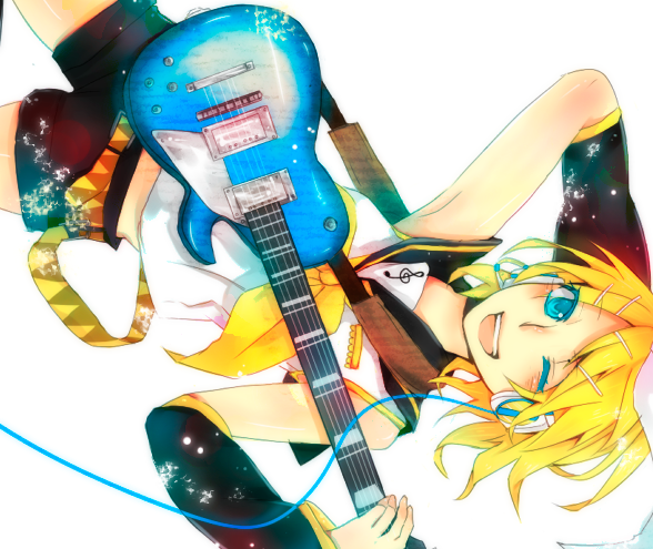 miyake achi, kagamine rin, vocaloid, blonde hair, blue eyes, blush, detached sleeves, guitar, hair ornament, hairclip, happy, instrument, one eye closed, short hair, shorts, solo, wink