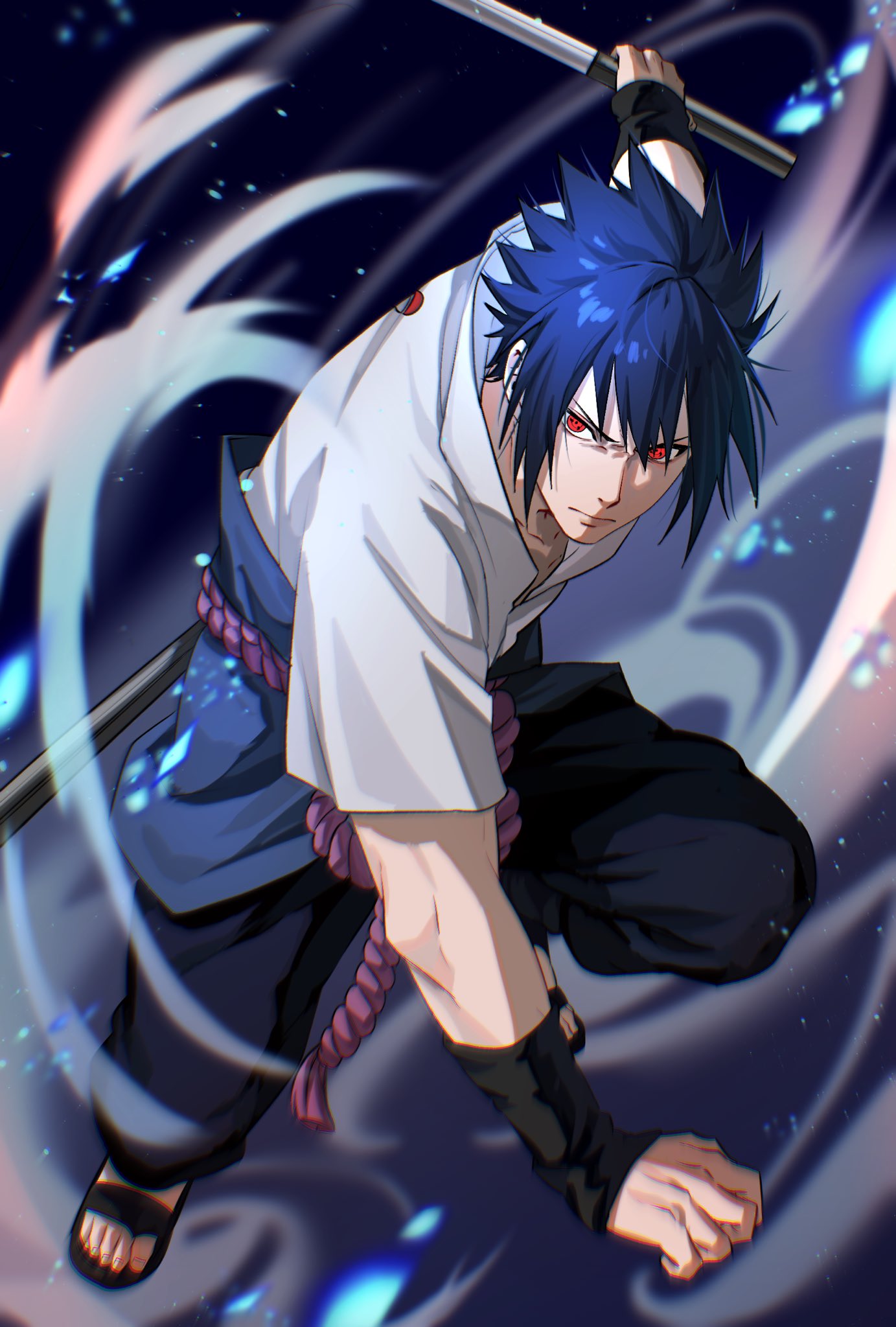 bagyuli271, uchiha sasuke, naruto (series), naruto shippuuden, highres, 1boy, black pants, black shoes, blue hair, fighting stance, full body, furrowed brow, hair between eyes, holding, holding sword, holding weapon, male focus, open-toe shoes, pants, red eyes, rope belt, sharingan, shirt, shoes, short hair, solo, sword, weapon, white shirt