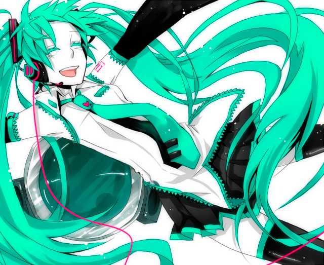 miyake achi, hatsune miku, melt (vocaloid), vocaloid, 1girl, aqua hair, black thighhighs, closed eyes, detached sleeves, dutch angle, female focus, hair ornament, happy, headset, laughing, long hair, microphone, miniskirt, necktie, pleated skirt, simple background, skirt, smile, solo, thighhighs, twintails, very long hair, zettai ryouiki