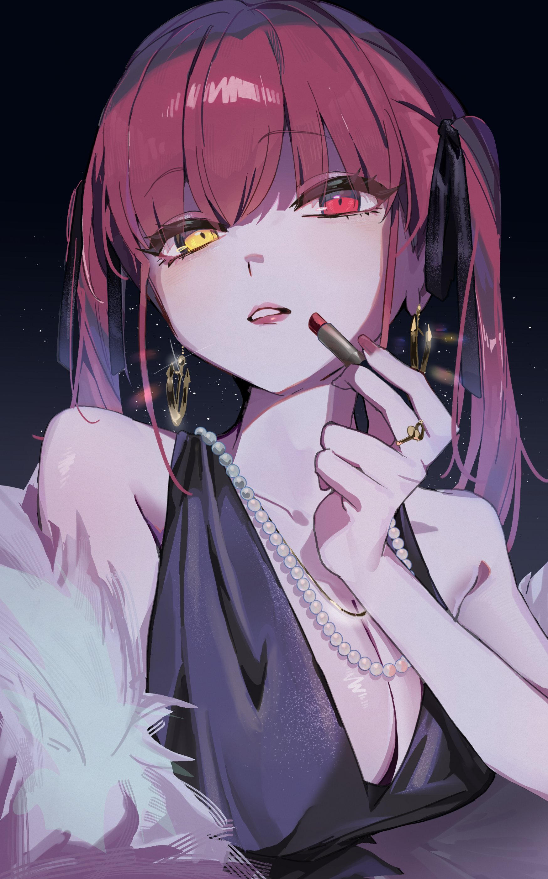 bun (bun 5u), houshou marine, hololive, absurdres, highres, 1girl, black ribbon, breasts, cleavage, cosmetics, earrings, hair ribbon, heterochromia, holding, holding lipstick tube, jewelry, lipstick, lipstick tube, low-cut, makeup, necklace, no eyepatch, pearl necklace, red hair, ribbon, ring, solo