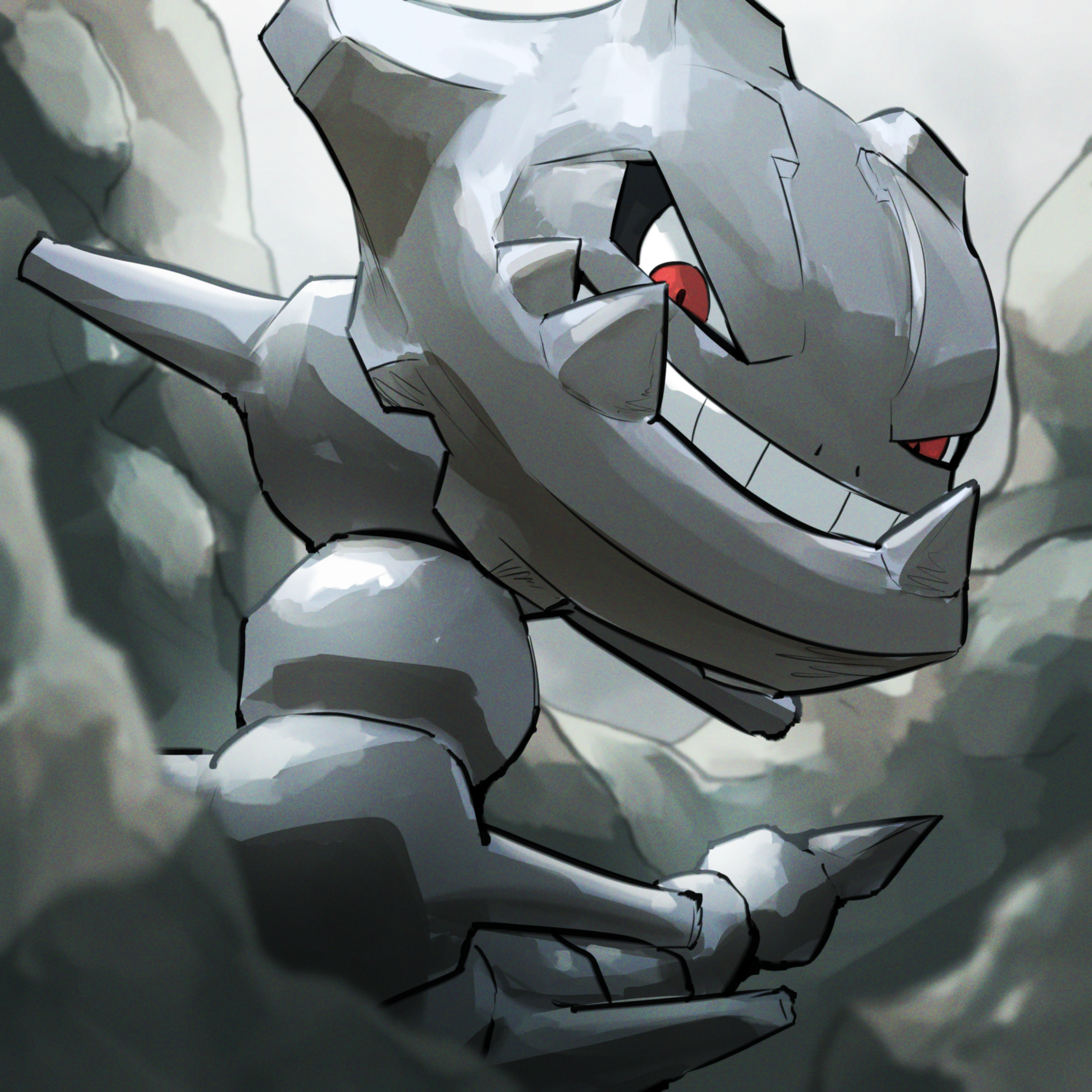 spicyichizo, steelix, nintendo, pokemon, absurdres, highres, gen 2 pokemon, grin, no humans, pokemon (creature), red eyes, rock, smile, solo