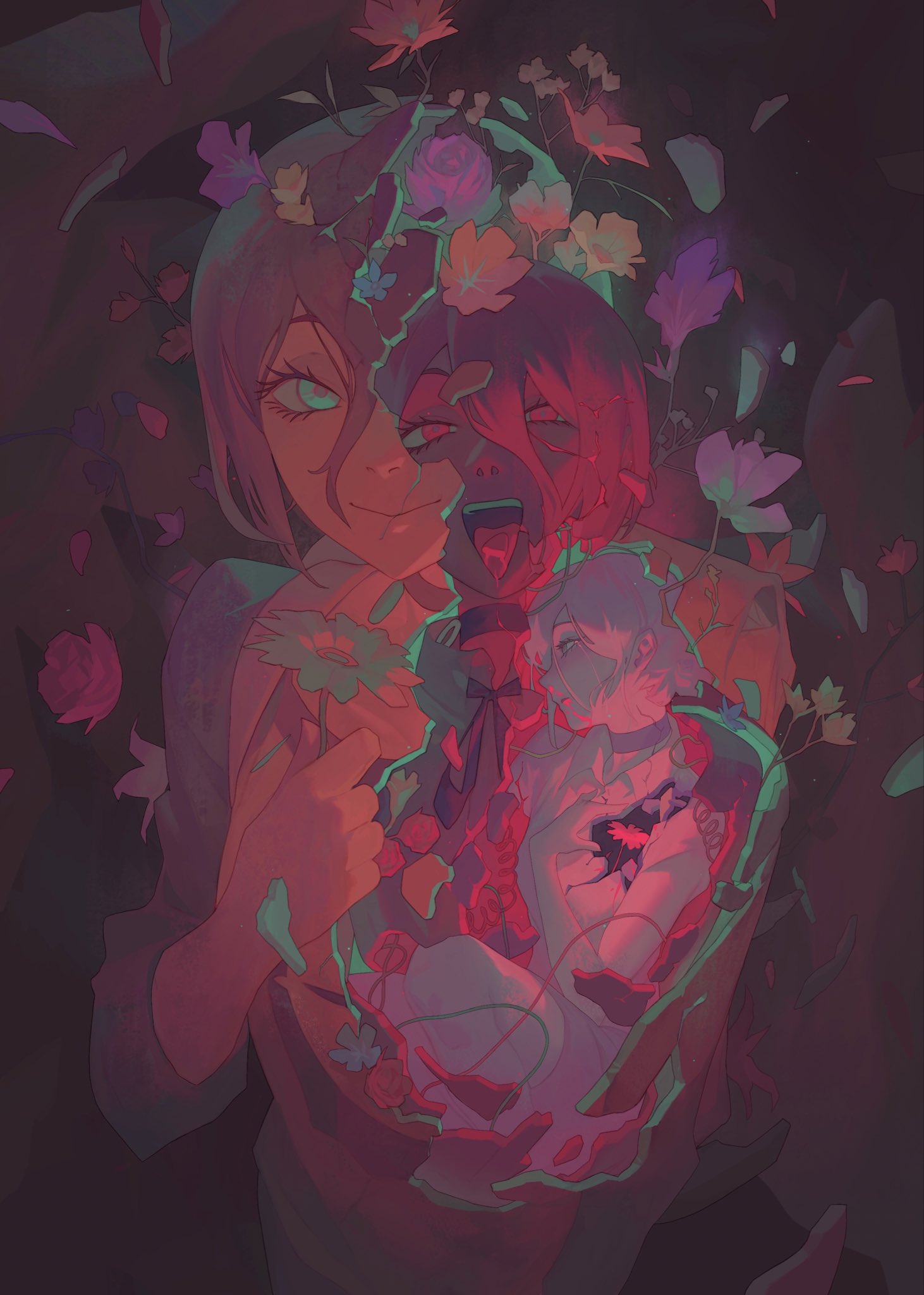 leonardo vincent, reze (chainsaw man), chainsaw man, highres, 1girl, black choker, black ribbon, blood, choker, closed mouth, flower, green eyes, hair between eyes, holding, holding flower, neck ribbon, open mouth, pink flower, purple flower, purple hair, red eyes, red flower, ribbon, severed tongue, teeth, tongue, tongue out, upper teeth only