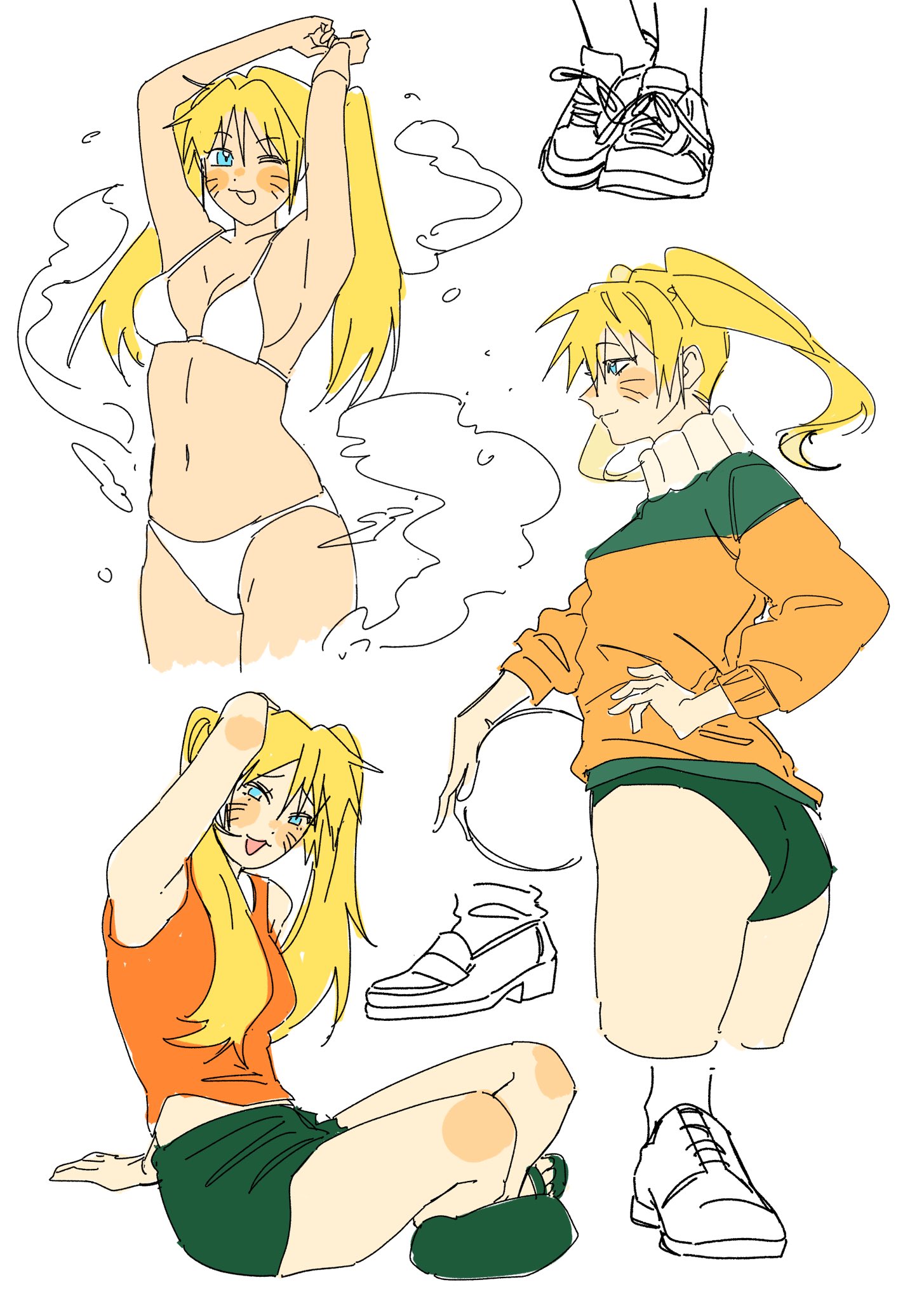 bagyuli271, naruko (naruto), naruto (series), highres, 1girl, arms behind head, bikini, black panties, black shorts, blonde hair, blue eyes, breasts, cleavage, cowboy shot, cropped legs, facial mark, full body, hair between eyes, hand on own hip, jacket, long hair, medium breasts, midriff, multiple views, navel, one eye closed, open mouth, orange jacket, orange shirt, panties, shirt, shoes, shorts, sitting, sketch, smile, smoke, sneakers, solo, swimsuit, transformation, twintails, underwear, whisker markings, white background, white bikini