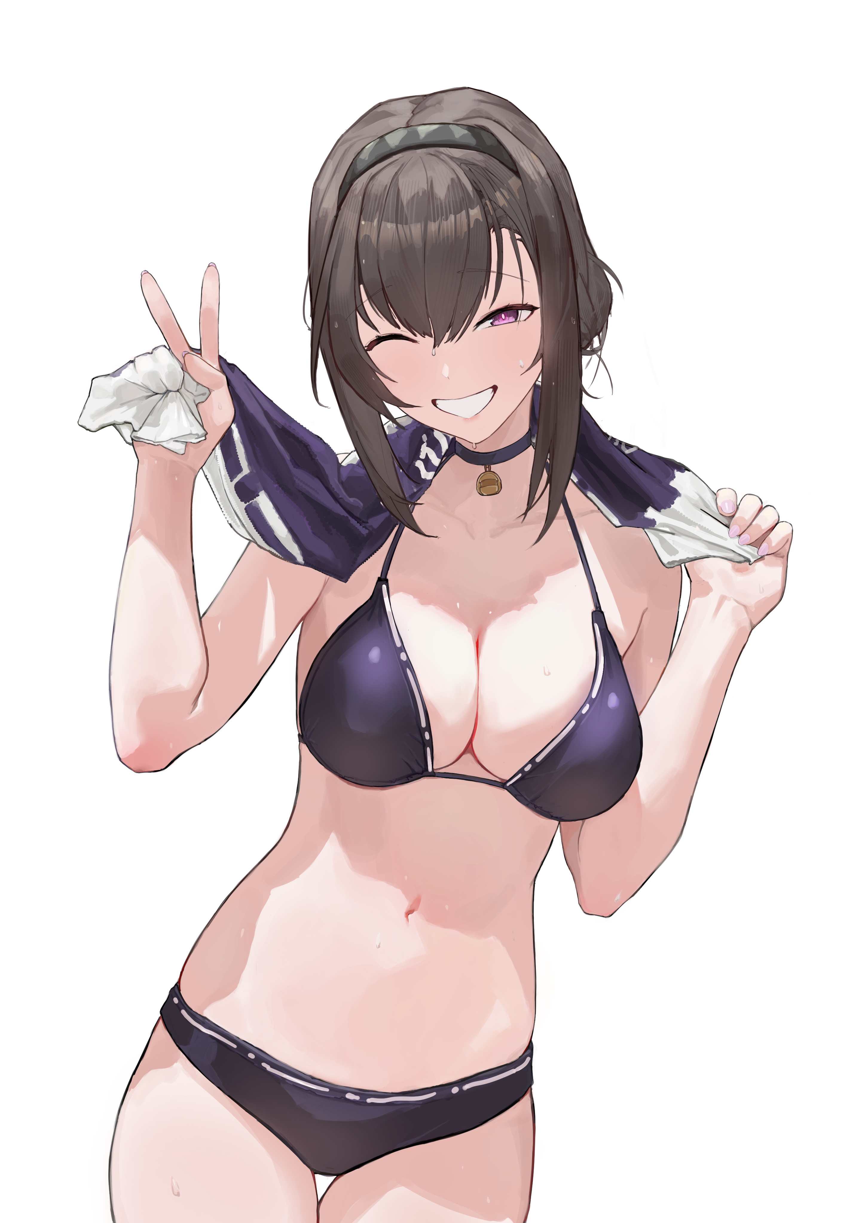 gn tuituji, priestess (arknights), arknights, absurdres, chinese commentary, commentary request, highres, 1girl, bare arms, bare shoulders, beach towel, bell, bikini, breasts, bright pupils, brown hair, cleavage, collarbone, cowboy shot, grin, hair between eyes, hairband, holding, holding towel, jingle bell, long bangs, looking at viewer, medium breasts, navel, neck bell, one eye closed, parted lips, pink nails, purple bikini, purple eyes, raised eyebrows, short hair, sidelocks, simple background, smile, solo, stomach, swimsuit, thigh gap, towel, towel around neck, v, water drop, wet, wet hair, white background