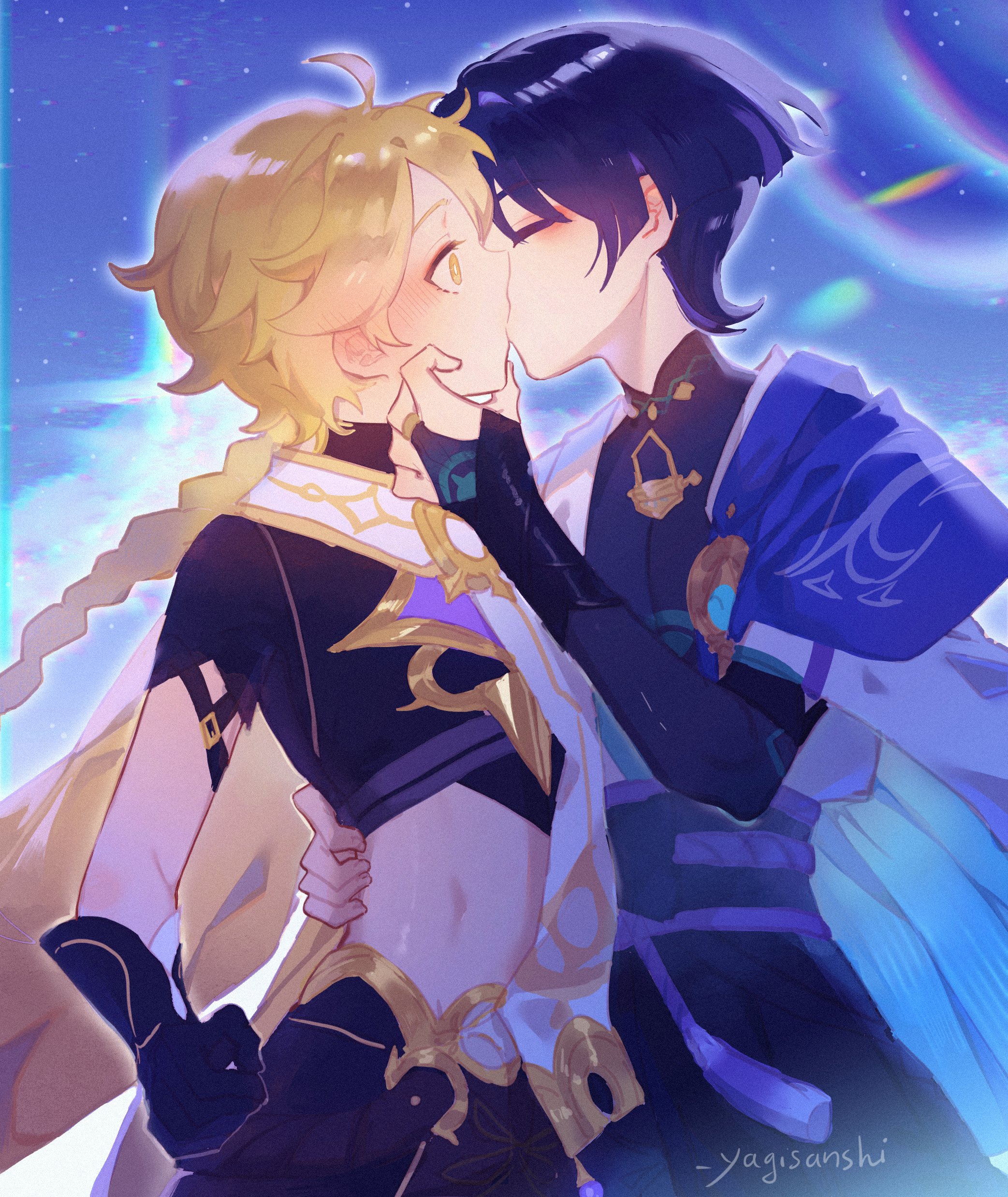 yaginori, aether (genshin impact), scaramouche (genshin impact), wanderer (genshin impact), genshin impact, absurdres, commentary, english commentary, highres, 2boys, ahoge, arm armor, artist name, black bow, black gloves, black pants, black shirt, black shorts, blonde hair, bloom, blue cape, blue gemstone, blue sky, blunt ends, blush, bow, braid, bridal gauntlets, bright pupils, cape, clenched hand, closed eyes, cloud, cloudy sky, cowboy shot, evening, eyeshadow, gem, gloves, gold ring, gold trim, hair between eyes, han'eri, hand around waist, hand on another's chin, hand up, kiss, long hair, looking at another, low-braided long hair, low-tied long hair, makeup, male focus, mandarin collar, midriff, multiple boys, no headwear, open clothes, open vest, outdoors, pants, purple hair, red eyeshadow, rope, scarf, shirt, short hair, short sleeves, shorts, single braid, sky, sleeveless, sleeveless shirt, standing, star (sky), starry sky, surprise kiss, surprised, tassel, vest, vision (genshin impact), white pupils, white scarf, white vest, wide-eyed, yaoi, yellow eyes