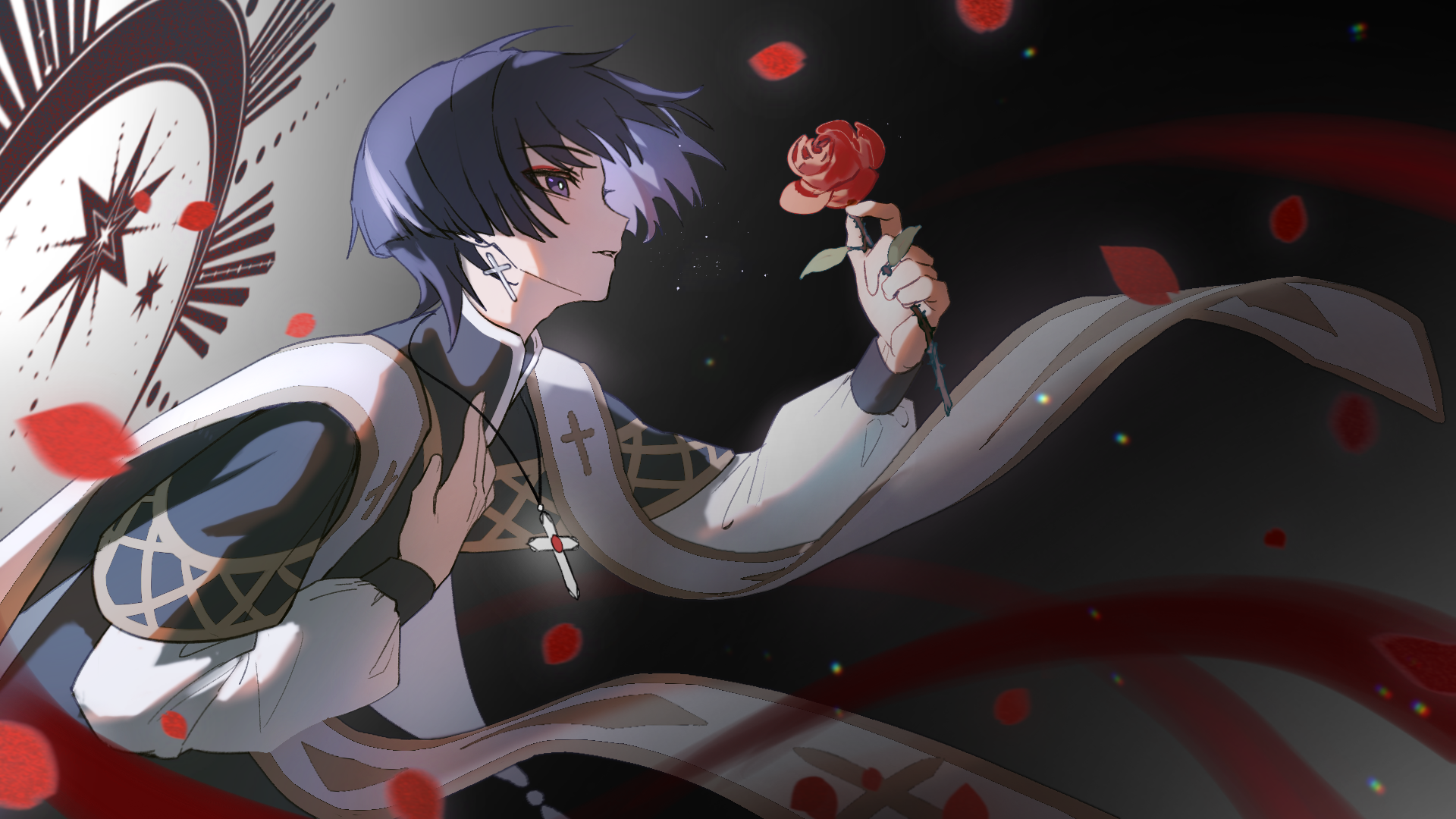 shimao141, scaramouche (genshin impact), wanderer (genshin impact), genshin impact, chinese commentary, highres, 1boy, alternate costume, alternate universe, black background, black robe, blue pupils, christianity, clerical collar, crescent, cross, cross earrings, cross necklace, earrings, eyeliner, falling petals, flower, from side, glowing, gradient background, gradient hair, hair between eyes, hair flowing over, hand on own chest, holding, jewelry, layered clothes, leaning forward, light particles, looking ahead, makeup, moon, multicolored eyes, multicolored hair, necklace, parted lips, petals, priest, purple eyes, red eyeliner, red flower, red petals, robe, rose, rose petals, short hair, short sleeves, single earring, solo, star (symbol), streaked hair, upper body, wind