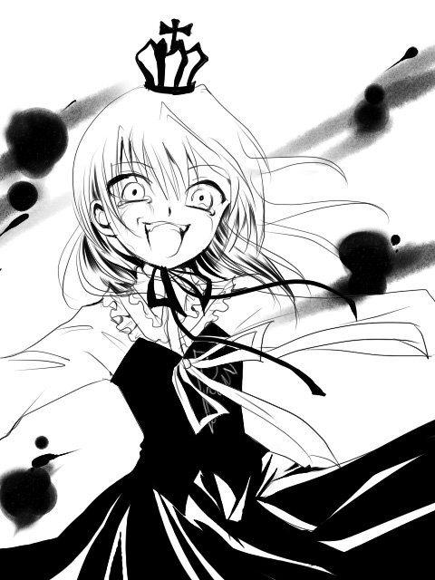tonami, tonami77, ushiromiya maria, umineko no naku koro ni, bad id, bad pixiv id, 00s, 1girl, blood, crazy eyes, crown, dress, female focus, frills, greyscale, laughing, monochrome, ribbon, short hair, smile, solo, tears
