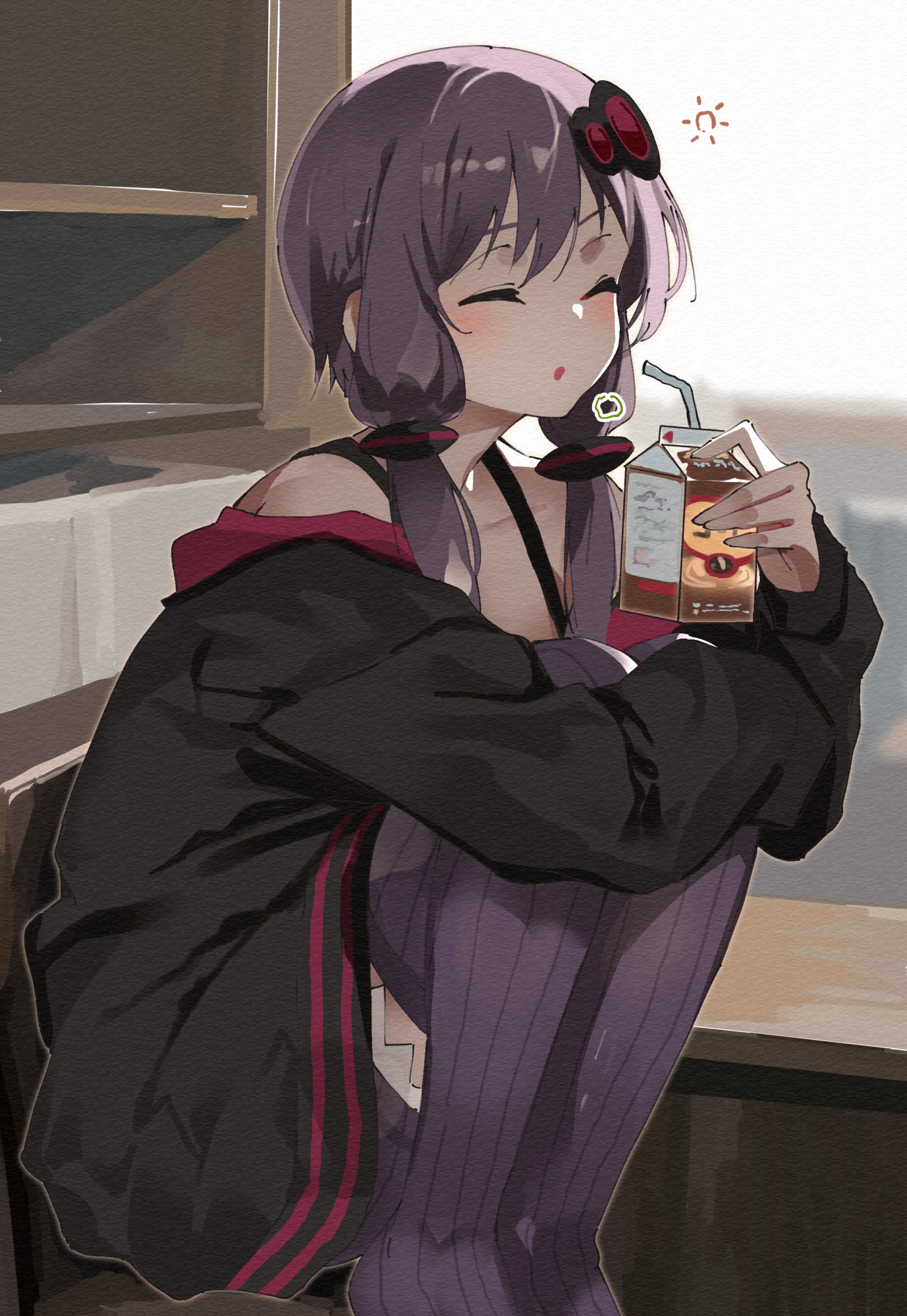 lamb (hitsujiniku), yuzuki yukari, vocaloid, voiceroid, commentary request, highres, 1girl, bare shoulders, bendy straw, black jacket, blush, chair, closed eyes, collarbone, dress, drinking straw, feet out of frame, hair ornament, holding, hood, hood down, hooded jacket, hugging own legs, jacket, no shoes, off shoulder, on chair, open clothes, open jacket, parted lips, purple dress, purple hair, purple thighhighs, ribbed thighhighs, sleeveless, sleeveless dress, solo, squatting, thighhighs