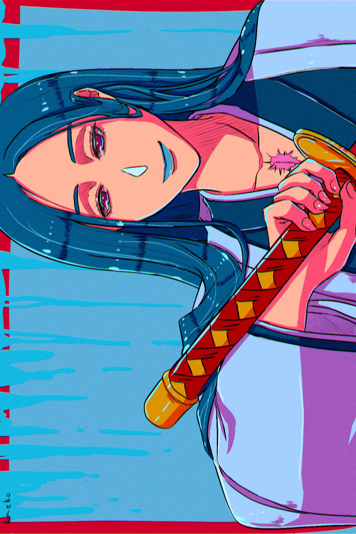 komeko (strikek-lvvjm27), unohana retsu, bleach, highres, 1girl, black kimono, blue background, blue hair, blue lips, border, brown eyes, haori, holding, holding sword, holding weapon, japanese clothes, katana, kimono, light smile, long hair, looking at viewer, parted bangs, red border, scar, scar on chest, shihakusho, solo, sword, upper body, weapon, white haori