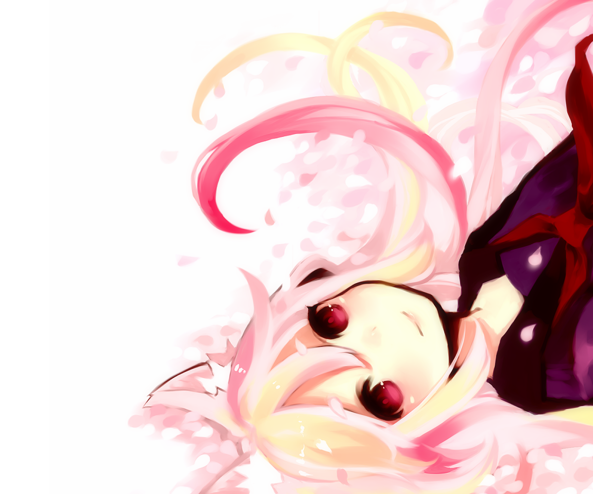 tan (tangent), ted (artist), original, bad id, bad pixiv id, 1girl, animal ears, blonde hair, female focus, long hair, multicolored hair, petals, pink hair, red eyes, school uniform, smile, solo, two-tone hair