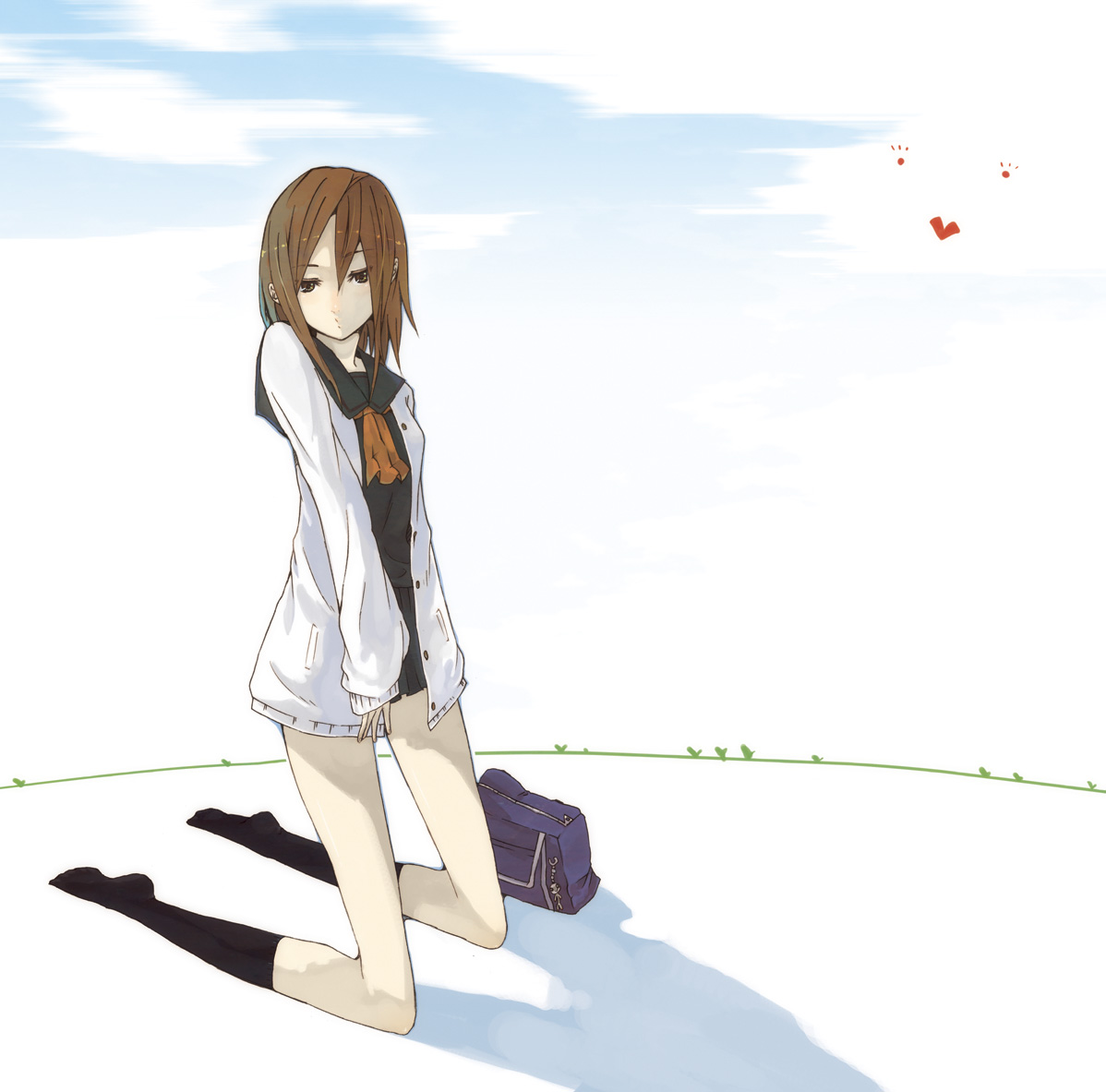 hrd, original, 1girl, bag, brown eyes, brown hair, dress shirt, female focus, kneeling, legs, long sleeves, miniskirt, pleated skirt, school uniform, serafuku, shirt, short hair, simple background, skinny, skirt, sleeves past wrists, socks, solo