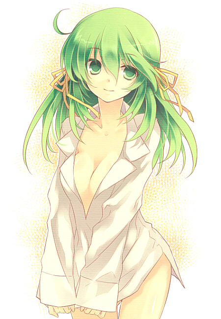 al, mugura, original, bad id, bad pixiv id, bottomless, breasts, cleavage, dress shirt, green eyes, green hair, large breasts, long hair, shirt, smile, solo