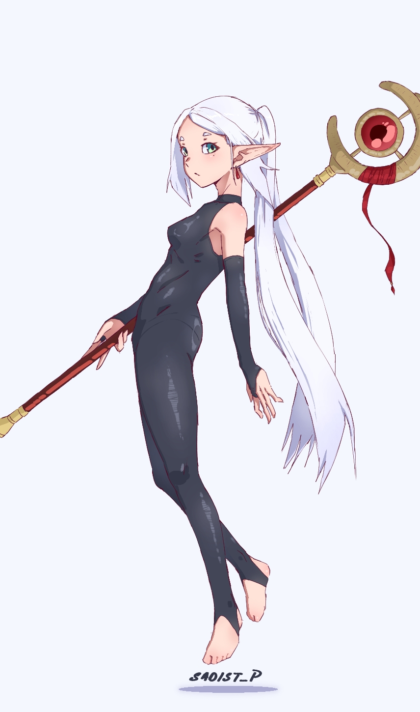 frieren, sousou no frieren, highres, 1girl, blush, breasts, elf, full body, green eyes, long hair, looking at viewer, pointy ears, simple background, small breasts, standing, user hsxm2275, very long hair, white background, white hair