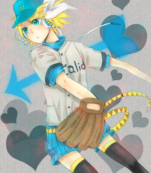 miyake achi, kagamine rin, vocaloid, bad id, bad pixiv id, 1girl, baseball glove, blonde hair, blue eyes, blush, female focus, hair ribbon, hat, ribbon, short hair, shorts, solo, thighhighs, zettai ryouiki
