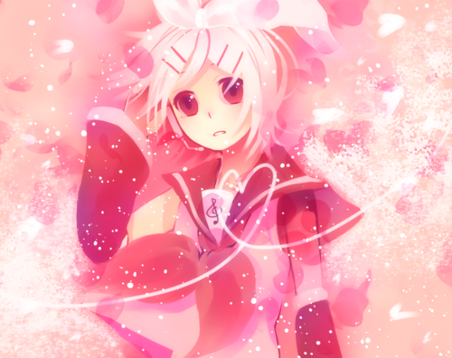 miyake achi, kagamine rin, vocaloid, lowres, 1girl, female focus, hair ornament, hair ribbon, hairclip, heart, petals, pink background, pink theme, ribbon, short hair, solo, string