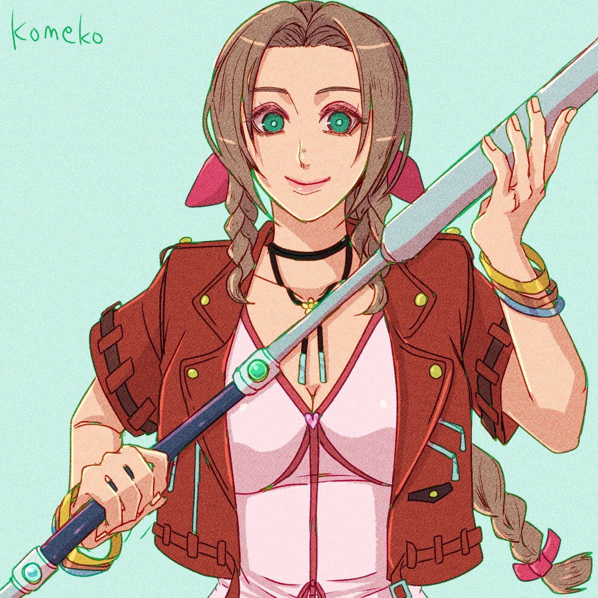 komeko (strikek-lvvjm27), aerith gainsborough, final fantasy, final fantasy vii, final fantasy vii remake, highres, 1girl, artist name, bangle, bracelet, braid, braided ponytail, breasts, brown hair, choker, cleavage, closed mouth, cropped jacket, dress, flower choker, green background, green eyes, hair ribbon, holding, holding staff, jacket, jewelry, long hair, looking at viewer, medium breasts, parted bangs, pink dress, pink ribbon, red jacket, ribbon, short sleeves, sidelocks, single braid, smile, solo, staff, upper body