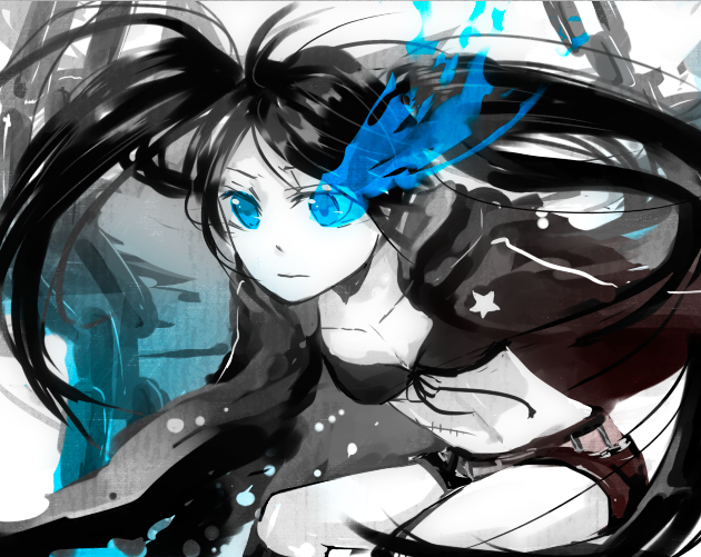 miyake achi, black rock shooter (character), black rock shooter, 10s, bikini, bikini top only, black hair, blue eyes, flat chest, glowing, glowing eyes, long hair, pale skin, scar, shorts, solo, swimsuit, twintails