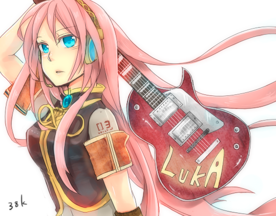 miyake achi, megurine luka, vocaloid, blue eyes, breasts, guitar, hairband, instrument, large breasts, long hair, pink hair, solo