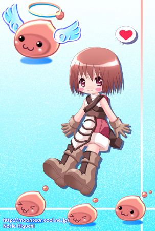higuchi norie, angeling, novice (ragnarok online), poring, ragnarok online, commentary request, lowres, 1girl, 2000s (style), :3, artist name, blue background, blush stickers, boots, brown boots, brown eyes, brown gloves, brown hair, brown shirt, chibi, chibi only, closed mouth, dated commentary, full body, gloves, halo, heart, looking at viewer, shirt, short hair, slime (creature), smile, solo, spoken heart, traditional halo, watermark, web address, yellow halo