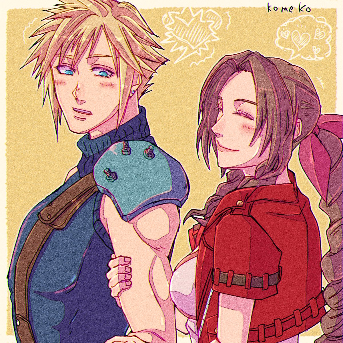 komeko (strikek-lvvjm27), aerith gainsborough, cloud strife, final fantasy, final fantasy vii, final fantasy vii remake, highres, 1boy, 1girl, armor, artist name, blonde hair, blue eyes, blue shirt, blush, braid, braided ponytail, breasts, brown hair, closed eyes, closed mouth, cropped jacket, dress, earrings, hair ribbon, hetero, holding another's arm, jacket, jewelry, light smile, long hair, medium breasts, muscular, muscular male, parted bangs, parted lips, pauldrons, pink dress, pink ribbon, red jacket, ribbon, shirt, short hair, short sleeves, shoulder armor, sidelocks, single braid, single earring, single pauldron, sleeveless, sleeveless turtleneck, spiked hair, suspenders, turtleneck, yellow background