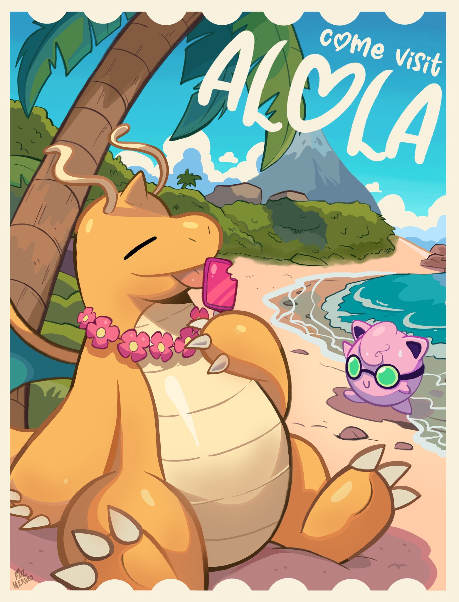 dragonite, jigglypuff, nintendo, pokemon, pokemon usum, highres, antennae, beach, blue sky, colored skin, day, english text, flower, food, gen 1 pokemon, holding, holding food, holding popsicle, licking, no humans, open clothes, orange skin, outdoors, palm tree, pink flower, pink fur, pokemon (creature), popsicle, sand, sitting, sky, tree, wolfang fh