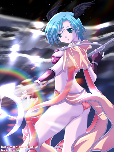 higuchi norie, sage (ragnarok online), ragnarok online, commentary request, 1girl, 2000s (style), artist name, ass, black wings, blue hair, breasts, brown gloves, butt crack, capelet, closed mouth, dated commentary, feathered wings, feet out of frame, fingerless gloves, from behind, gloves, green eyes, head wings, holding, holding staff, looking at viewer, looking back, magic, medium breasts, orange panties, panties, short hair, skirt, smile, solo, staff, underwear, watermark, web address, wings, yellow capelet, yellow skirt