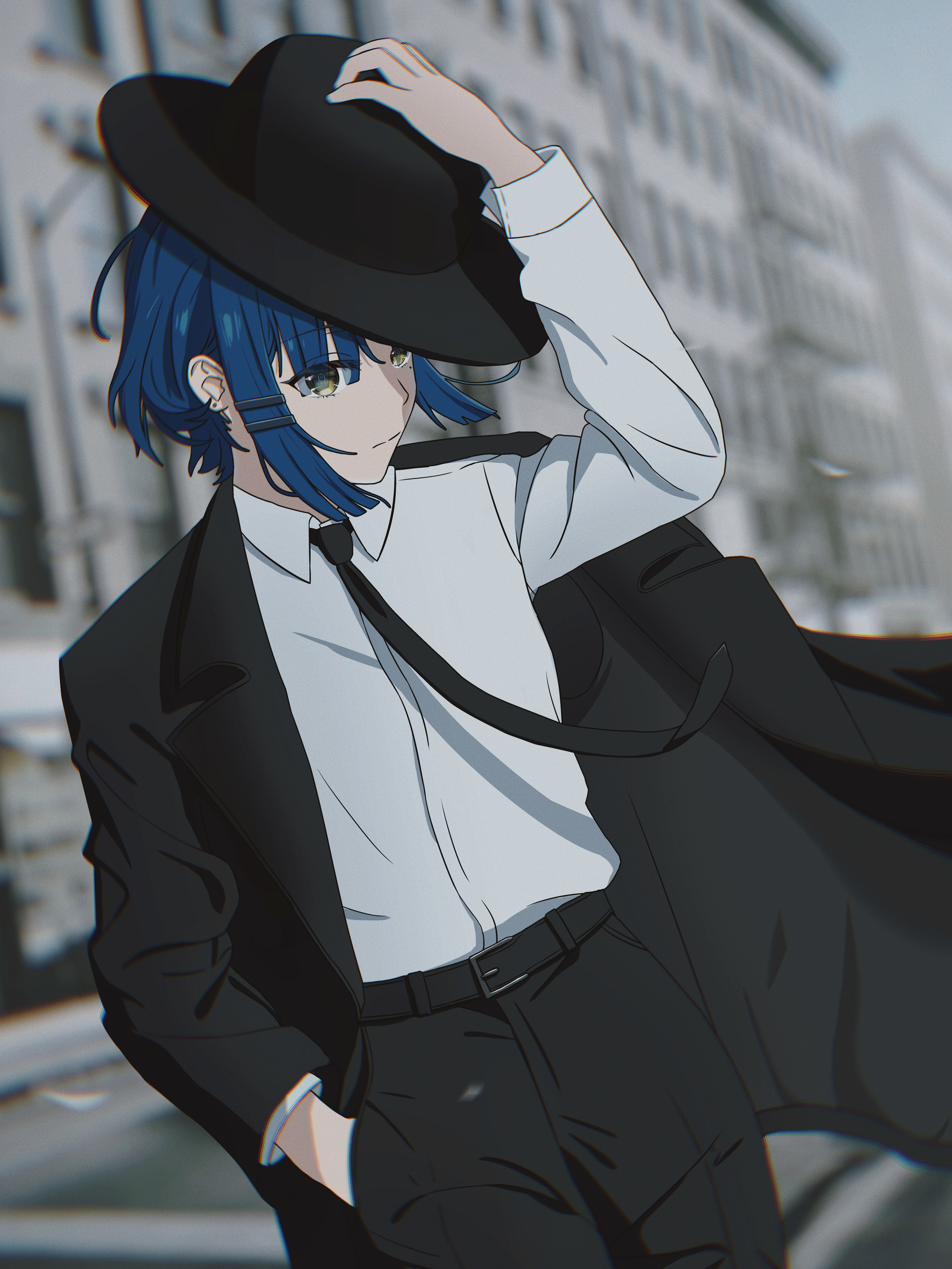 yamada ryo, bocchi the rock!, absurdres, chinese commentary, commentary request, highres, 1girl, adjusting clothes, adjusting headwear, arm out of sleeve, arm up, belt, belt buckle, black belt, black hat, black jacket, black necktie, black pants, blue hair, buckle, closed mouth, collared shirt, cowboy shot, day, dutch angle, earrings, expressionless, formal clothes, green eyes, grey theme, hair ornament, hairclip, hand in pocket, hat, jacket, jewelry, long sleeves, looking at viewer, mole, mole under eye, necktie, outdoors, pants, parallel hairclips, porkpie hat, shirt, short hair, solo, standing, stud earrings, suit, suit jacket, white shirt, wing collar, yuyuu