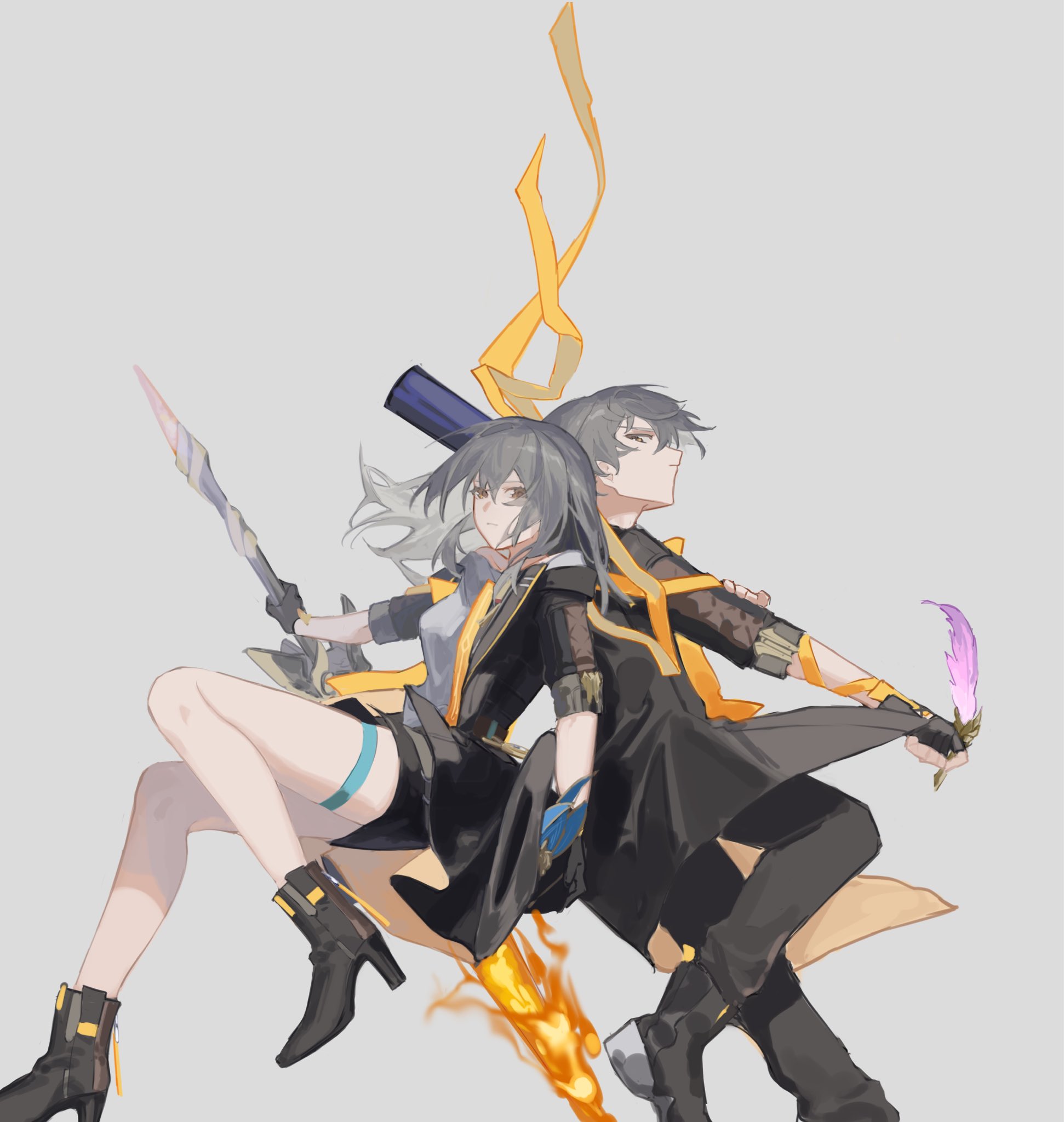 caelus (honkai: star rail), stelle (honkai: star rail), trailblazer (honkai: star rail), honkai: star rail, honkai (series), highres, 1boy, 1girl, akaguchi 35, arm ribbon, back-to-back, baseball bat, black boots, black coat, black gloves, black hat, black jacket, black pants, black skirt, boots, breasts, closed mouth, coat, dual persona, fingerless gloves, gloves, grey background, grey hair, hair between eyes, hat, high heel boots, high heels, holding, holding baseball bat, holding quill, holding sword, holding unworn clothes, holding unworn hat, holding weapon, hood, hooded coat, jacket, lapels, long hair, long sleeves, looking at viewer, medium breasts, miniskirt, open clothes, open coat, open jacket, pants, quill, ribbon, shirt, short hair, simple background, sitting, skirt, sword, t-shirt, thigh strap, trailblazer's hat (honkai: star rail), two-sided coat, two-sided fabric, two-sided jacket, unworn hat, unworn headwear, v-shaped eyebrows, weapon, white shirt, yellow coat, yellow eyes, yellow jacket