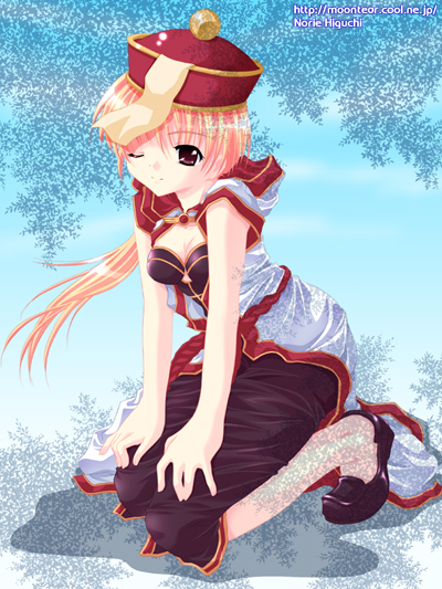 higuchi norie, monk (ragnarok online), ragnarok online, commentary request, 1girl, 2000s (style), artist name, black shirt, black shoes, black shorts, blonde hair, blue background, breasts, brown eyes, cleavage, closed mouth, coat, dated commentary, full body, hands on own knees, hat, hood, hooded coat, kneeling, loafers, long hair, looking at viewer, low ponytail, medium breasts, multicolored coat, ofuda, one eye closed, ponytail, qingdai guanmao, red coat, red hat, shirt, shoes, short sleeves, shorts, smile, solo, two-tone coat, watermark, web address, white coat
