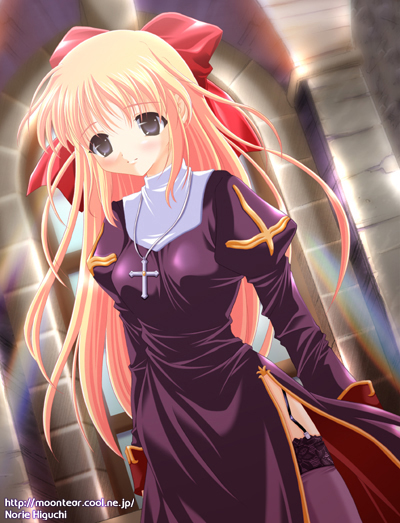 higuchi norie, priest (ragnarok online), ragnarok online, commentary request, 1girl, 2000s (style), arch, artist name, blonde hair, blush, bow, breasts, closed mouth, cowboy shot, cross, cross necklace, dated commentary, dress, garter straps, grey eyes, hair bow, indoors, jewelry, juliet sleeves, lace, lace-trimmed thighhighs, lace trim, long hair, long sleeves, looking at viewer, medium breasts, necklace, nun, priest, priestess, puffy sleeves, purple dress, purple thighhighs, red bow, side slit, smile, solo, thighhighs, watermark, web address