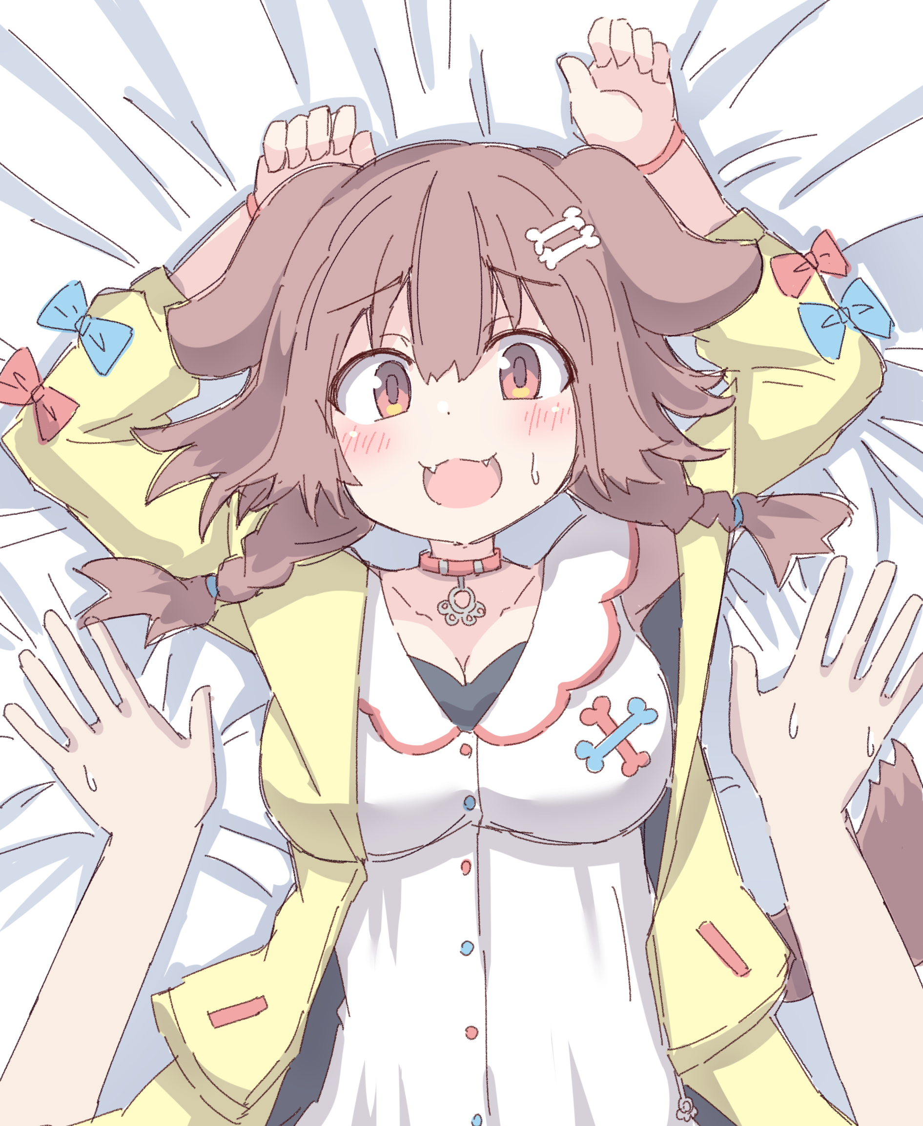umberblack, inugami korone, inugami korone (1st costume), hololive, commentary request, highres, 1girl, 1other, animal ears, arms up, bed sheet, blue bow, blush, bone hair ornament, bow, braid, breasts, brown eyes, brown hair, cartoon bone, cleavage, collar, collarbone, dog ears, dog girl, dog tail, dress, fangs, hair between eyes, hair ornament, hair over shoulder, hood, hood down, hooded jacket, jacket, long sleeves, lying, medium breasts, off shoulder, on back, open clothes, open jacket, open mouth, puffy long sleeves, puffy sleeves, red bow, red collar, sleeveless, sleeveless dress, small sweatdrop, solo focus, sweat, tail, twin braids, white dress, yellow jacket