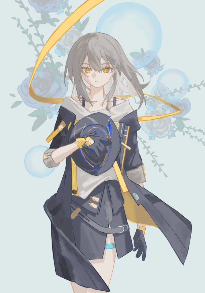 stelle (honkai: star rail), trailblazer (honkai: star rail), honkai: star rail, honkai (series), 1girl, akaguchi 35, black gloves, black hat, black jacket, black skirt, blue background, blue flower, blue rose, bubble, closed mouth, collarbone, cowboy shot, floating clothes, floral background, flower, gloves, grey hair, hair between eyes, hand up, hat, holding, holding unworn clothes, holding unworn hat, jacket, leaf, long hair, long sleeves, looking at viewer, miniskirt, open clothes, open jacket, rose, shirt, sidelocks, skirt, solo, standing, t-shirt, thigh strap, trailblazer's hat (honkai: star rail), two-sided fabric, two-sided jacket, unworn hat, unworn headwear, white shirt, yellow eyes, yellow jacket