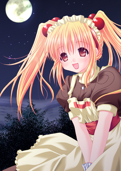 higuchi norie, ragnarok online, commentary request, 1girl, 2000s (style), apron, black sky, blonde hair, blush, brown dress, cowboy shot, curly sue, dated commentary, dress, full moon, hair bobbles, hair ornament, kafra uniform, long hair, looking at viewer, maid, maid headdress, moon, night, open mouth, orange eyes, outdoors, puffy short sleeves, puffy sleeves, red sash, sash, short sleeves, sky, smile, solo, star (sky), starry sky, twintails, yellow apron