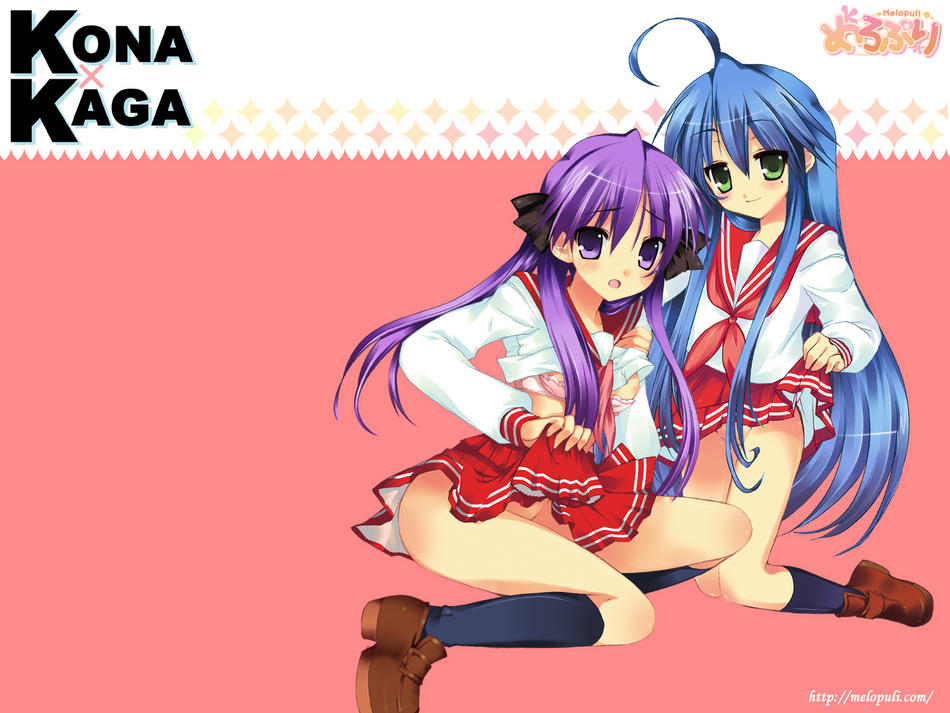 hiiragi kagami, izumi konata, lucky star, tagme, 00s, ahoge, blue hair, bra, clothes lift, green eyes, hair ribbon, lingerie, long hair, mole, no panties, purple eyes, purple hair, ribbon, school uniform, shirt lift, skirt, skirt lift, twintails, underwear, very long hair