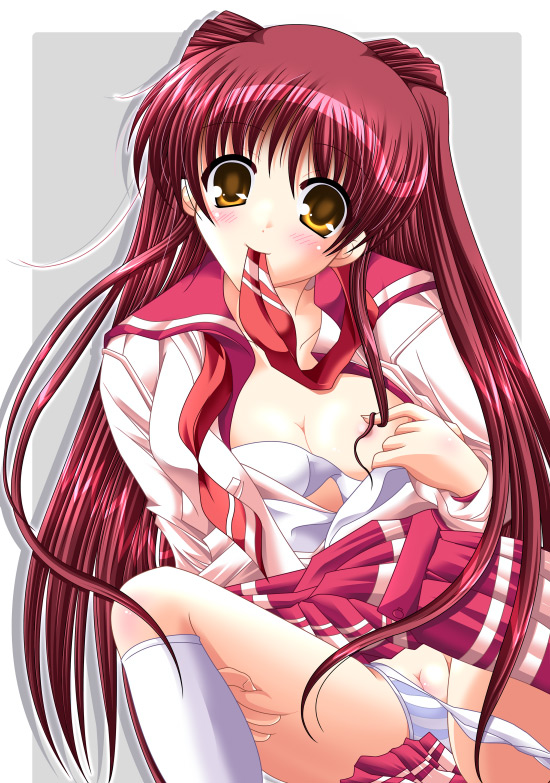 kousaka tamaki, to heart (series), to heart 2, 00s, 1girl, breasts, cleavage, female focus, kneehighs, medium breasts, mouth hold, nipples, panties, pussy, red hair, school uniform, serafuku, socks, solo, striped clothes, striped panties, thighhighs, uncensored, underwear, undressing, white socks, yellow eyes