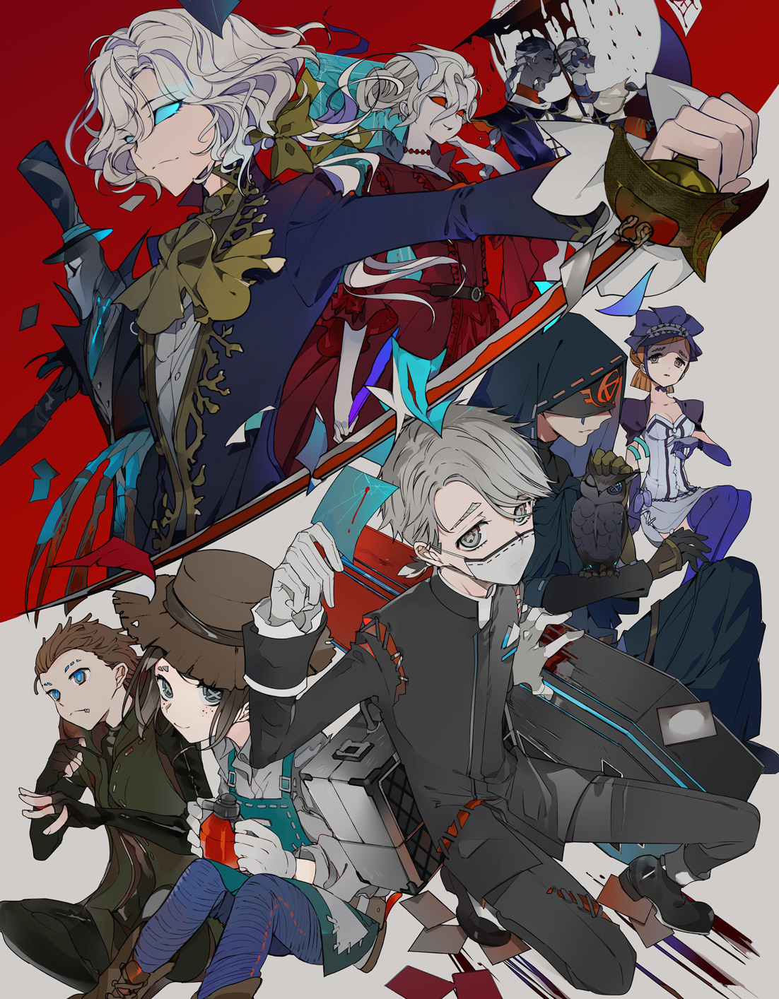 suou (sdurorhr), xie bi'an, aesop carl, eli clark, emma woods, fan wujiu, jack (identity v), joseph desaulniers, mary (identity v), naib subedar, vera nair, wu chang, identity v, annotated, highres, 3girls, 6+boys, alternate hair length, alternate hairstyle, apron, ascot, bird, black hair, black jacket, black pants, black shoes, blindfold, blue eyes, blue jacket, blue necktie, blue pants, blue sclera, bob cut, boots, bow, braid, breasts, briefcase, brown boots, brown gloves, brown hair, claws, cleavage, coffin, colored sclera, colored skin, cross-shaped pupils, dress, elbow gloves, facial mark, fingerless gloves, floating clothes, floating hair, freckles, frilled dress, frills, gloves, gold trim, green apron, green eyes, grey eyes, grey hair, grey jacket, grey pants, grey skin, hair between eyes, hair bow, hair rings, hair slicked back, half up bun, hat, holding, holding sword, holding weapon, hood, hood up, hooded vest, hoodie, jacket, looking ahead, looking at viewer, looking to the side, low ponytail, mask, mole, mole under eye, mouth mask, multicolored hair, multiple boys, multiple girls, necktie, owl, pants, ponytail, puffy sleeves, purple dress, purple thighhighs, red dress, red eyes, red sclera, robe, shirt, shoes, short ponytail, single braid, sitting, smile, solid eyes, squatting, stitched clothes, stitched neck, stitches, straw hat, sword, symbol-shaped pupils, thighhighs, top hat, two-tone hair, vest, wavy hair, weapon, white gloves, white hair, white shirt, white skin, yellow ascot, yellow bow