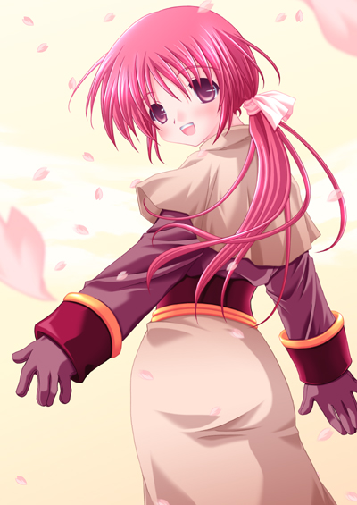 higuchi norie, acolyte (ragnarok online), ragnarok online, commentary request, 1girl, 2000s (style), blush, brown capelet, brown skirt, capelet, cherry blossoms, cowboy shot, dated commentary, falling petals, from behind, gloves, long hair, looking at viewer, looking back, low ponytail, open mouth, petals, pink eyes, pink hair, ponytail, purple gloves, purple shirt, shirt, skirt, smile, solo, yellow background