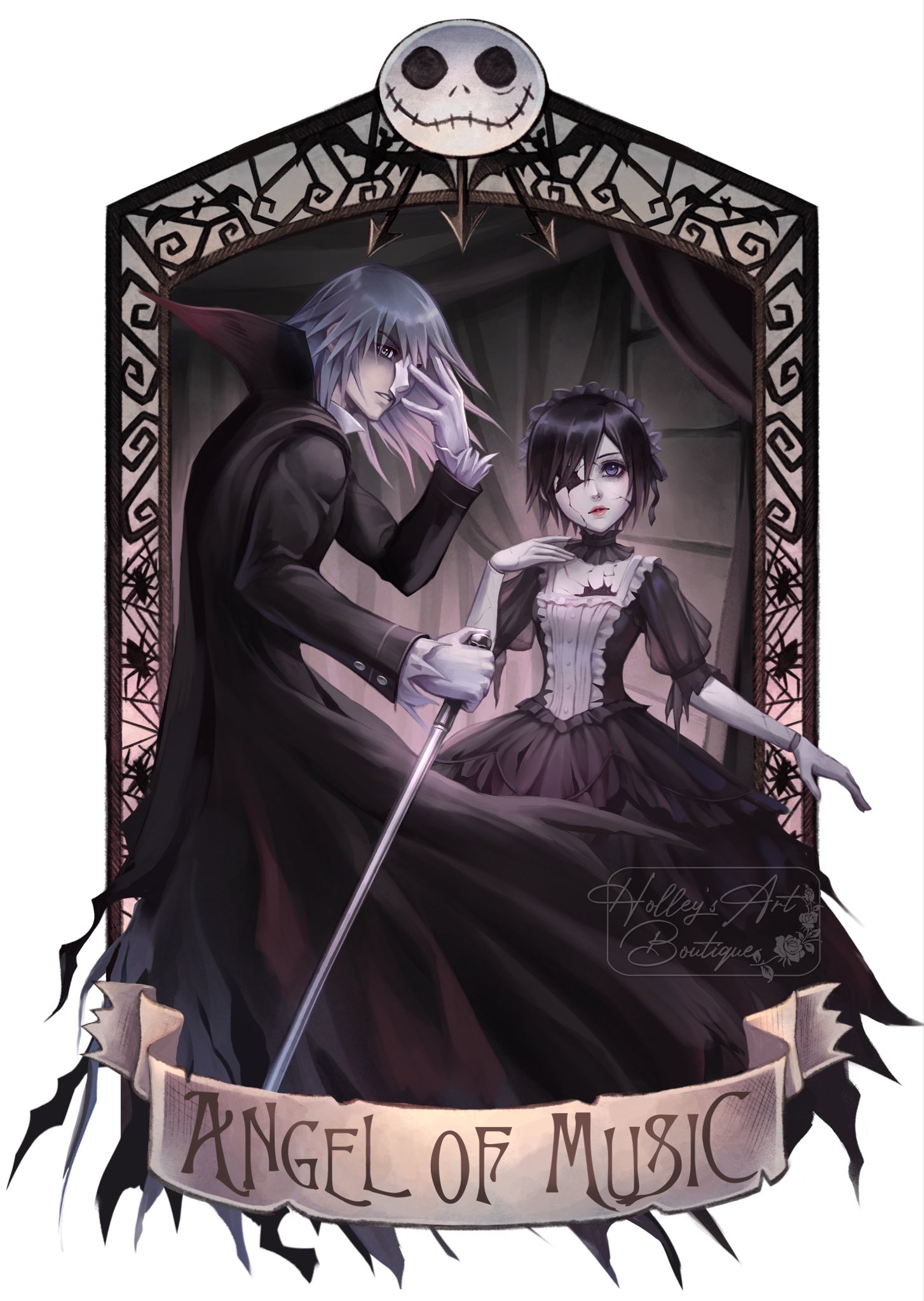 hollypolllyy, erik (phantom of the opera), jack skellington, riku (kingdom hearts), xion (kingdom hearts), kingdom hearts, kingdom hearts 358/2 days, kingdom hearts ii, highres, 1boy, 1girl, alternate costume, artist name, black cape, black dress, black hair, black jacket, border, breasts, cane, cape, collared shirt, cosplay, cracked skin, dress, english text, erik (phantom of the opera) (cosplay), gloves, grey hair, hair between eyes, half mask, hand on own chest, holding, holding cane, jacket, long hair, maid headdress, mask, nomura tetsuya (style), parted lips, puffy short sleeves, puffy sleeves, shirt, short hair, short sleeves, small breasts, white border, white gloves, white shirt