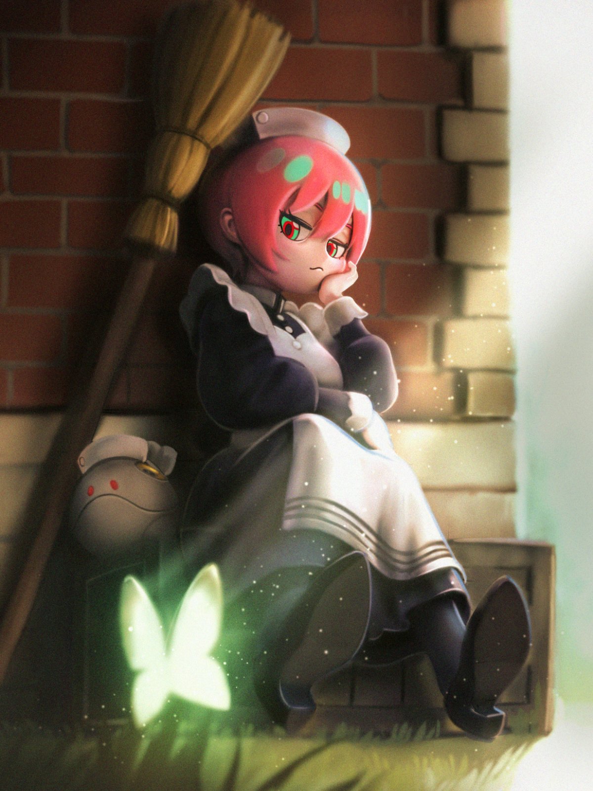 nekoita, amate yuzuriha, haro, gundam, gundam gquuuuuux, commentary request, highres, 1girl, alternate costume, apron, aqua eyes, black dress, black pantyhose, black shoes, block heels, box, brick wall, broom, bug, butterfly, closed mouth, dress, enmaided, glowing butterfly, grass, green butterfly, hair between eyes, hand on own cheek, hand on own face, head rest, insect, light particles, long dress, maid, maid apron, maid headdress, multicolored eyes, non-humanoid robot, on box, outdoors, pantyhose, red eyes, robot, shoes, short hair, sitting, sunlight, two-tone eyes, white apron, wooden box