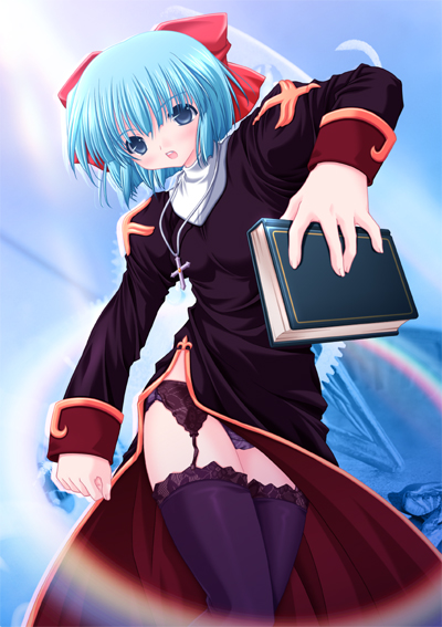 higuchi norie, priest (ragnarok online), ragnarok online, commentary request, 1girl, 2000s (style), black dress, blue background, blue eyes, blue hair, book, bow, breasts, cowboy shot, cross, cross necklace, dated commentary, dress, garter belt, hair bow, holding, holding book, jewelry, juliet sleeves, lens flare, long sleeves, looking at viewer, necklace, open mouth, panties, pantyshot, puffy sleeves, purple panties, purple thighhighs, red bow, short hair, side slit, small breasts, solo, thighhighs, underwear
