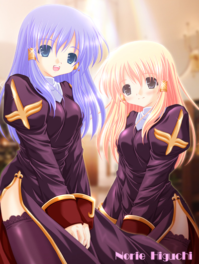 higuchi norie, priest (ragnarok online), ragnarok online, commentary request, 2000s (style), 2girls, artist name, blonde hair, blue eyes, blue hair, blurry, blurry background, blush, breasts, closed mouth, cowboy shot, dated commentary, dress, hair tubes, indoors, juliet sleeves, long hair, long sleeves, looking at viewer, medium breasts, multiple girls, open mouth, puffy sleeves, purple dress, purple thighhighs, side slit, smile, thighhighs