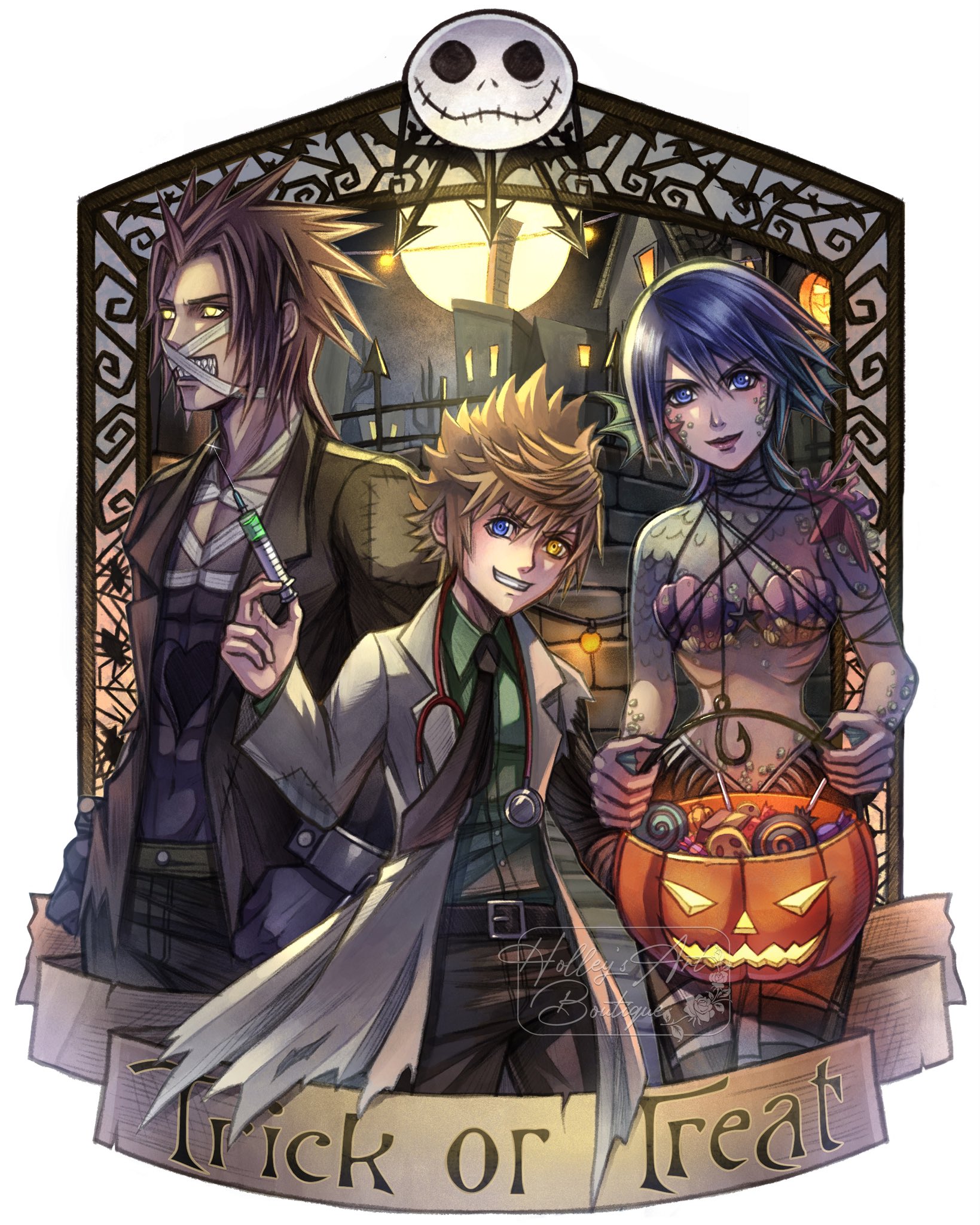 hollypolllyy, aqua (kingdom hearts), frankenstein's monster, jack skellington, terra (kingdom hearts), ventus (kingdom hearts), victor frankenstein, kingdom hearts, kingdom hearts birth by sleep, highres, 1girl, 2boys, artist name, bandaged chest, bandaged head, bandages, bikini, black coat, black necktie, blonde hair, blue eyes, blue hair, border, brown hair, coat, collarbone, cosplay, cowboy shot, frankenstein's monster (cosplay), full moon, furrowed brow, glowing, glowing eyes, green shirt, grin, hair between eyes, hair slicked back, halloween bucket, heterochromia, holding, holding syringe, lab coat, medium hair, midriff, moon, multiple boys, necktie, nomura tetsuya (style), parted bangs, scales, shell, shell bikini, shirt, short hair, smile, spiked hair, stethoscope around neck, swimsuit, syringe, teeth, torn clothes, torn sleeves, trick or treat, victor frankenstein (cosplay), white border, white coat, yellow eyes